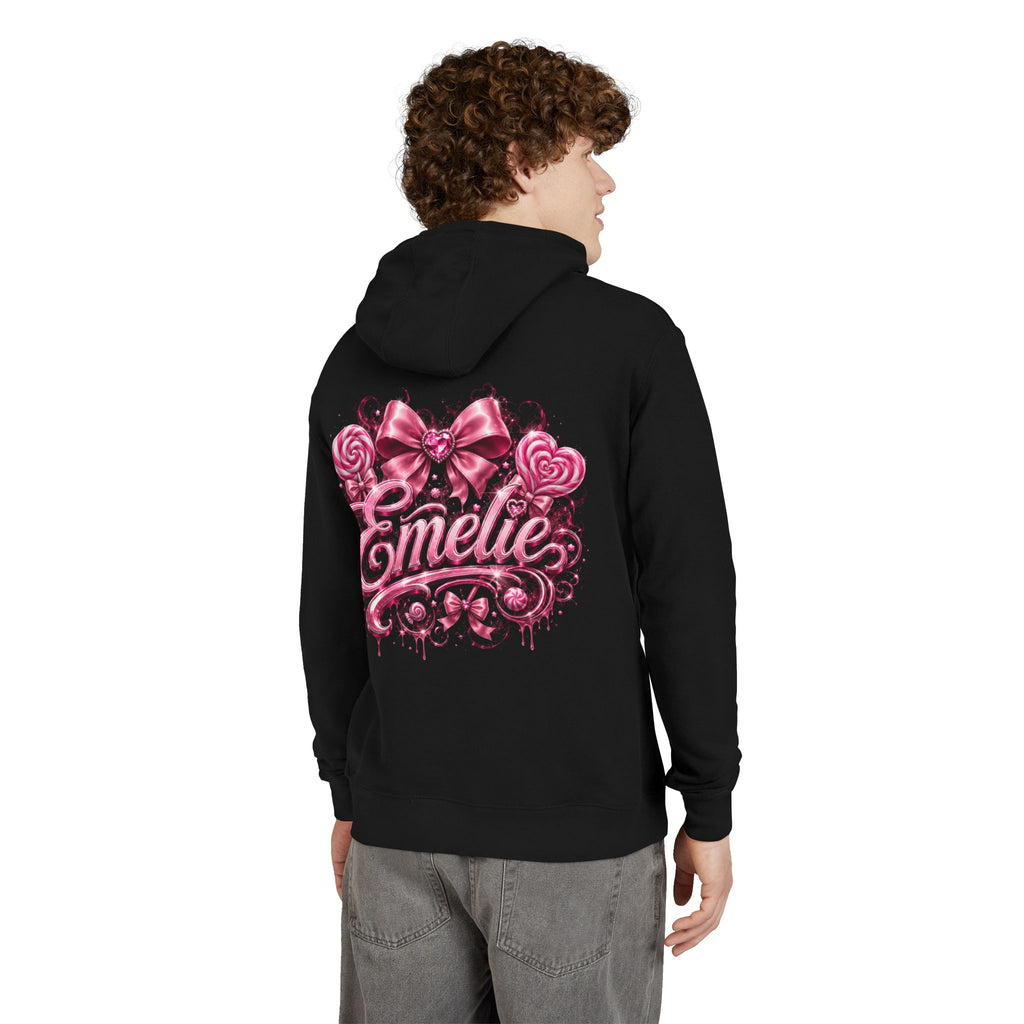 Name Personalized Hoodie — Pink Ribbon Candy Script Back Design