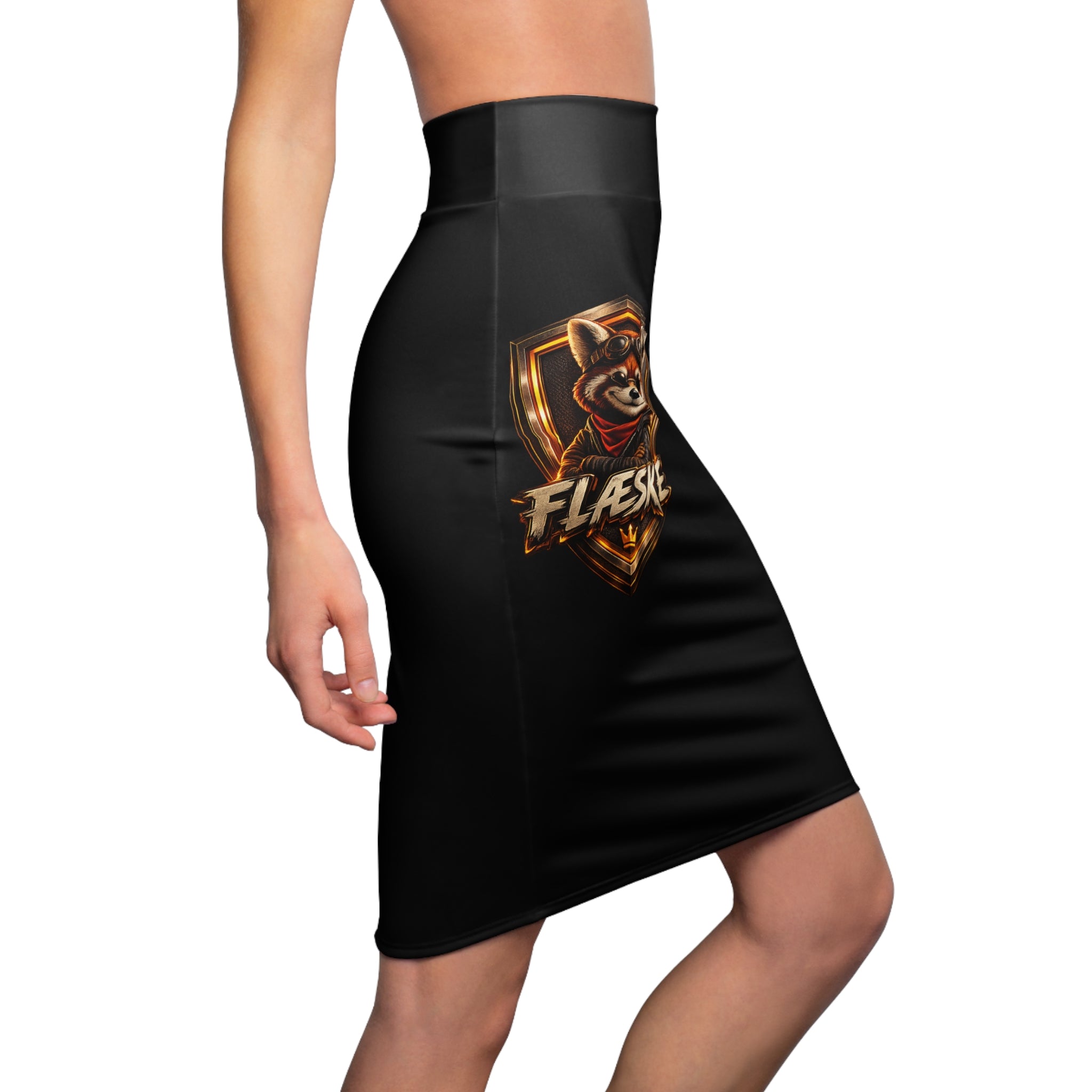 Raccoon Crest Black Pencil Skirt — "Aleske" Logo High-Waist Graphic Skirt