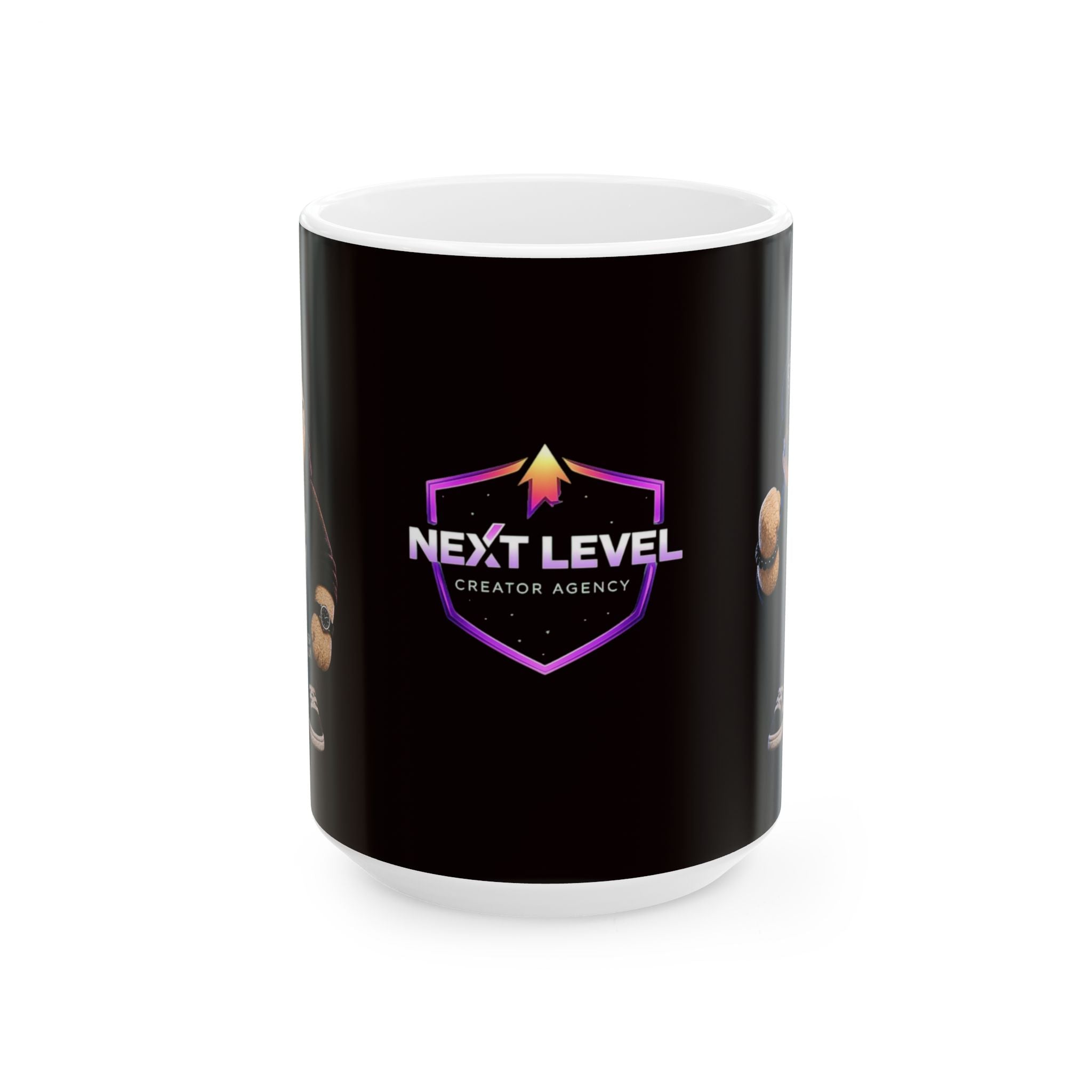 Next Level Creator Agency Logo Ceramic Mug — Black Branded Coffee Cup (11oz, 15oz)