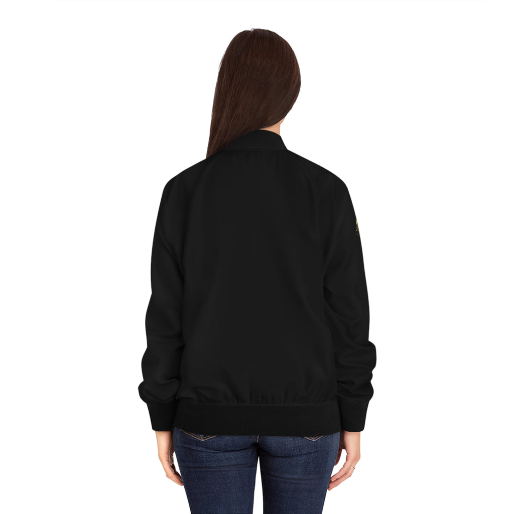 Gold Emblem Women's Bomber Jacket – Black Satin Lettering