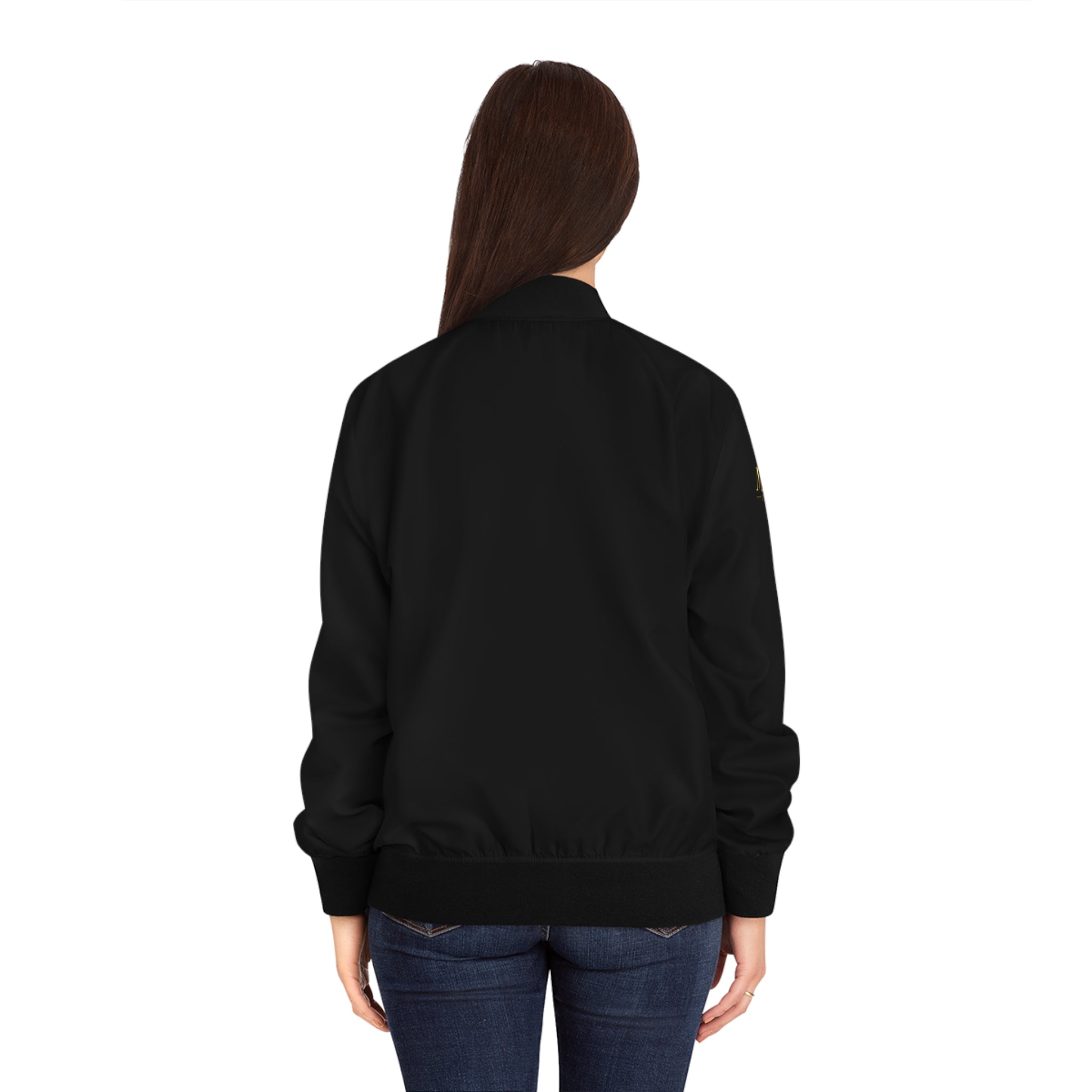Gold Emblem Women's Bomber Jacket – Black Satin Lettering