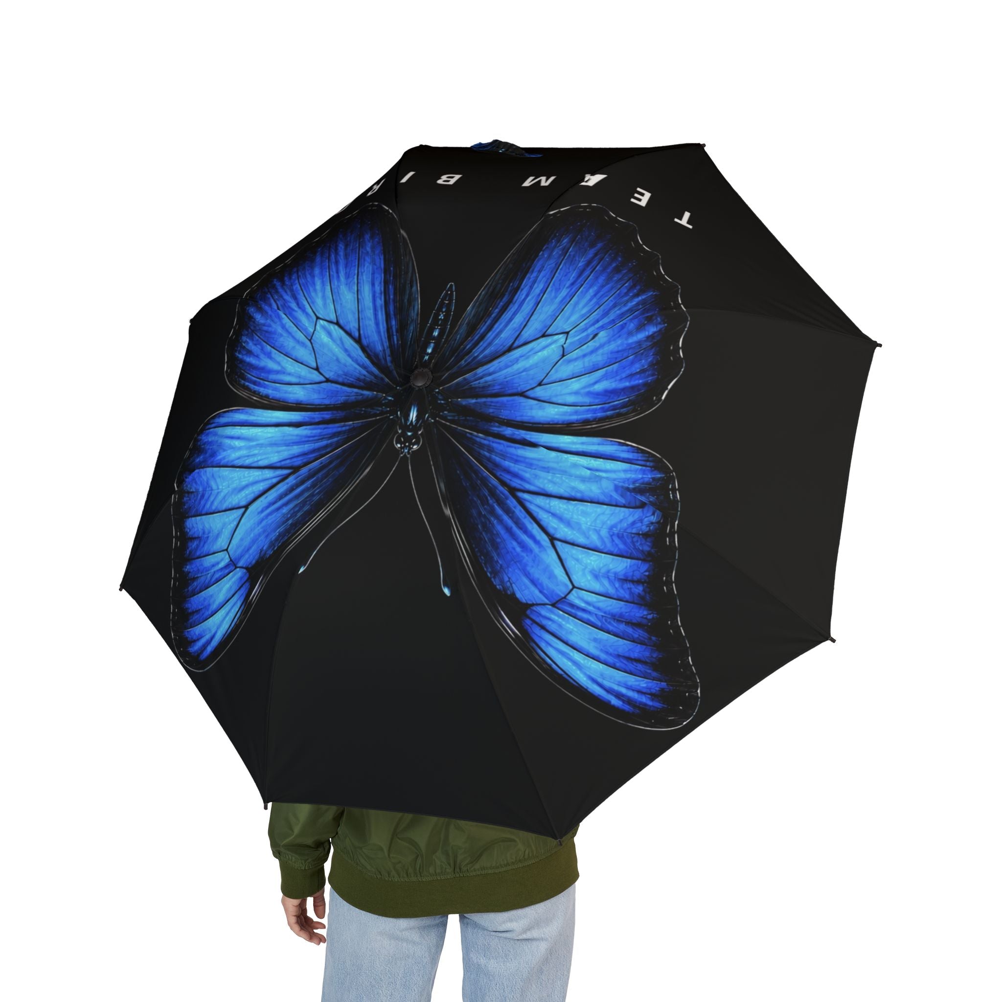 Blue Butterfly Foldable Umbrella — Semi-Automatic Compact Rain Umbrella