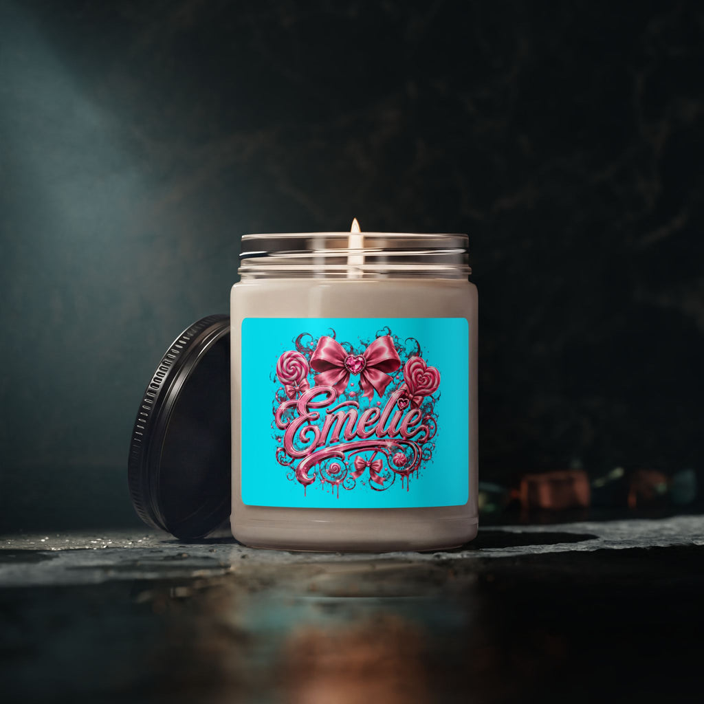 Personalized 9oz Soy Candle — "Emelie" Pink Bow & Candy Floral Design