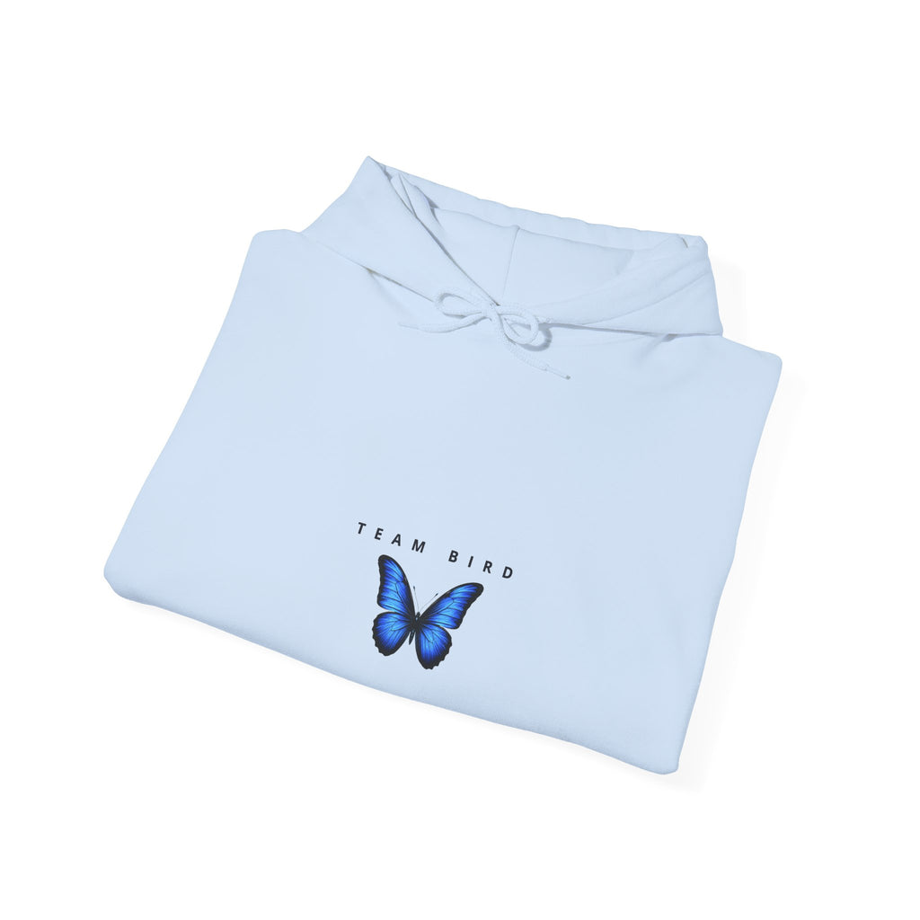 Butterfly Hoodie — "Team Bird" Blue Butterfly Graphic Hooded Sweatshirt