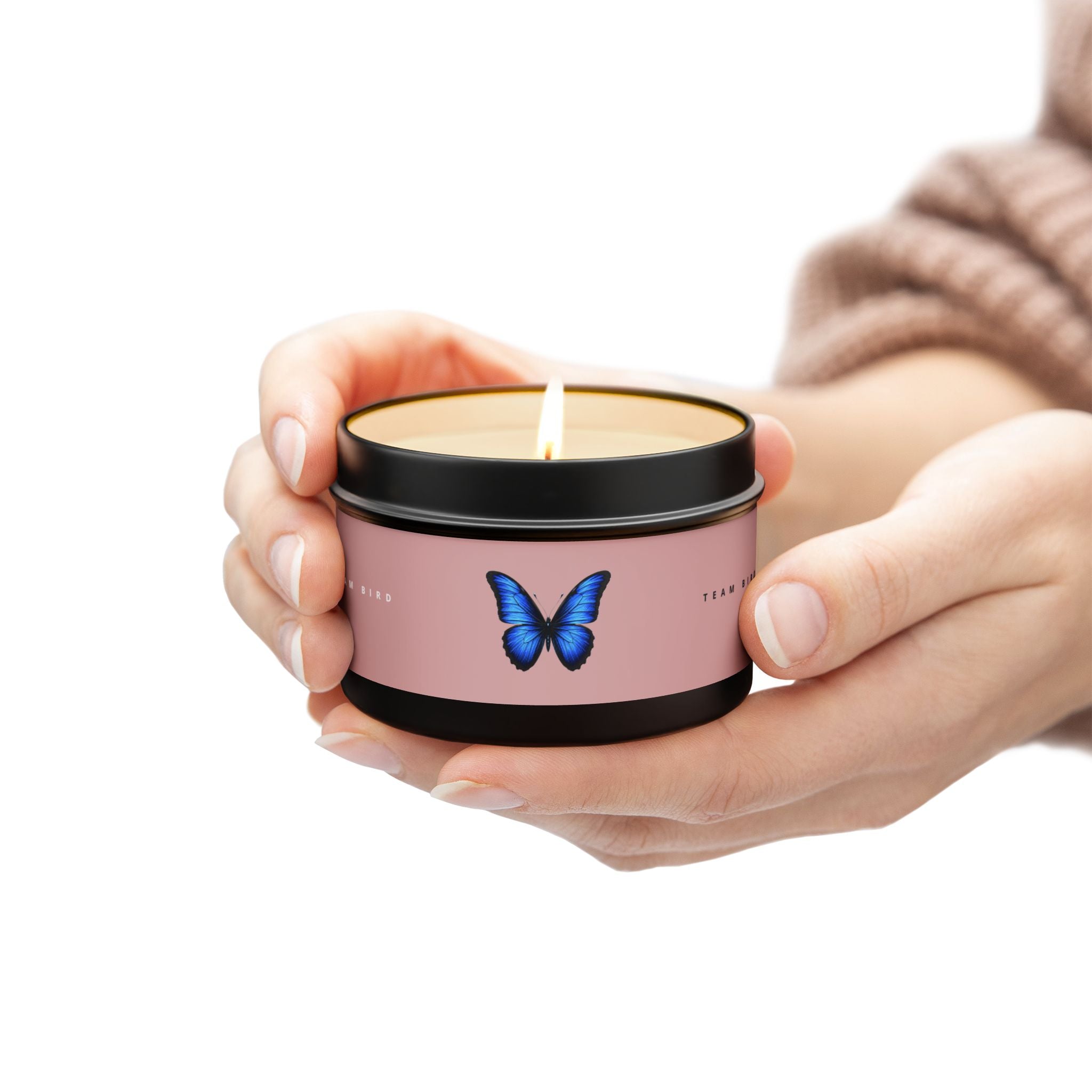Butterfly Tin Candle — Floral & Vanilla Scented Travel Candle, 'Team Bird' Pink Label