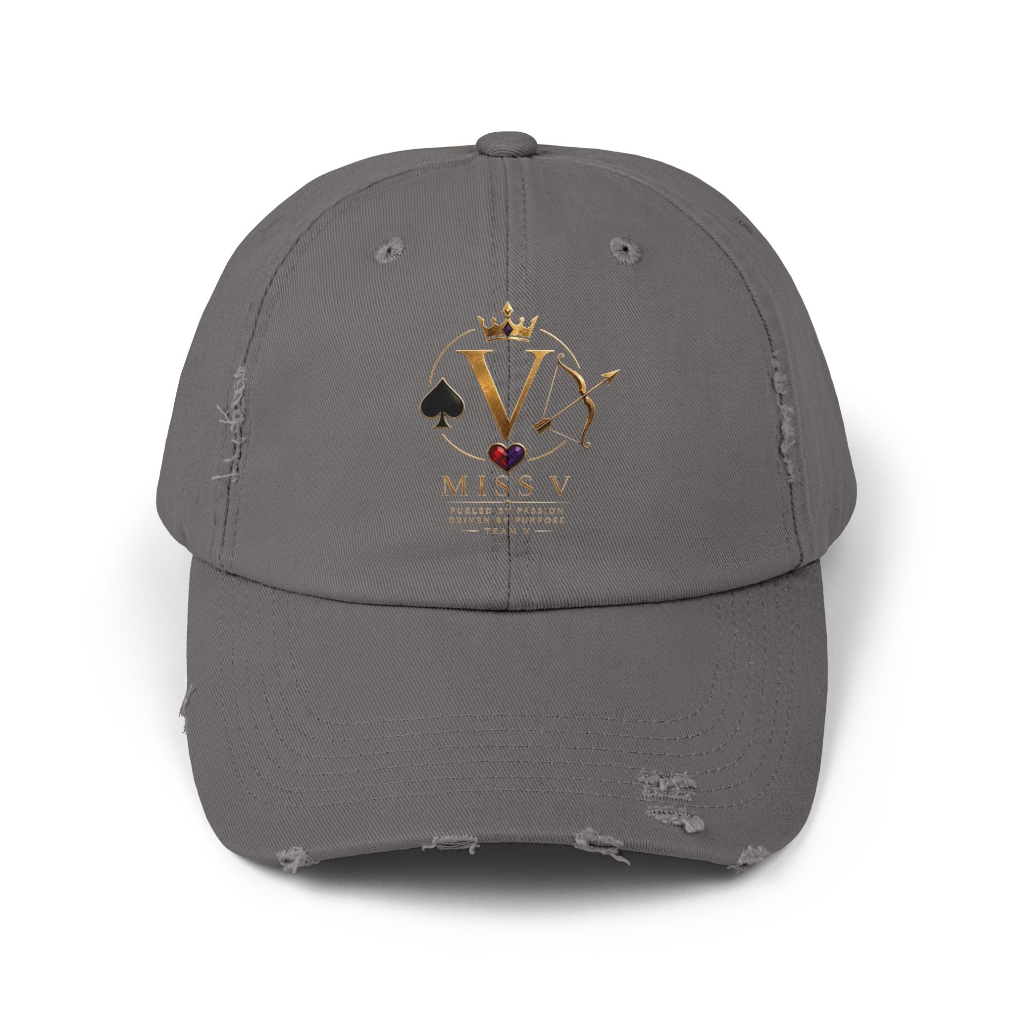 Distressed Black Cap — Miss V Crown & Card Emblem