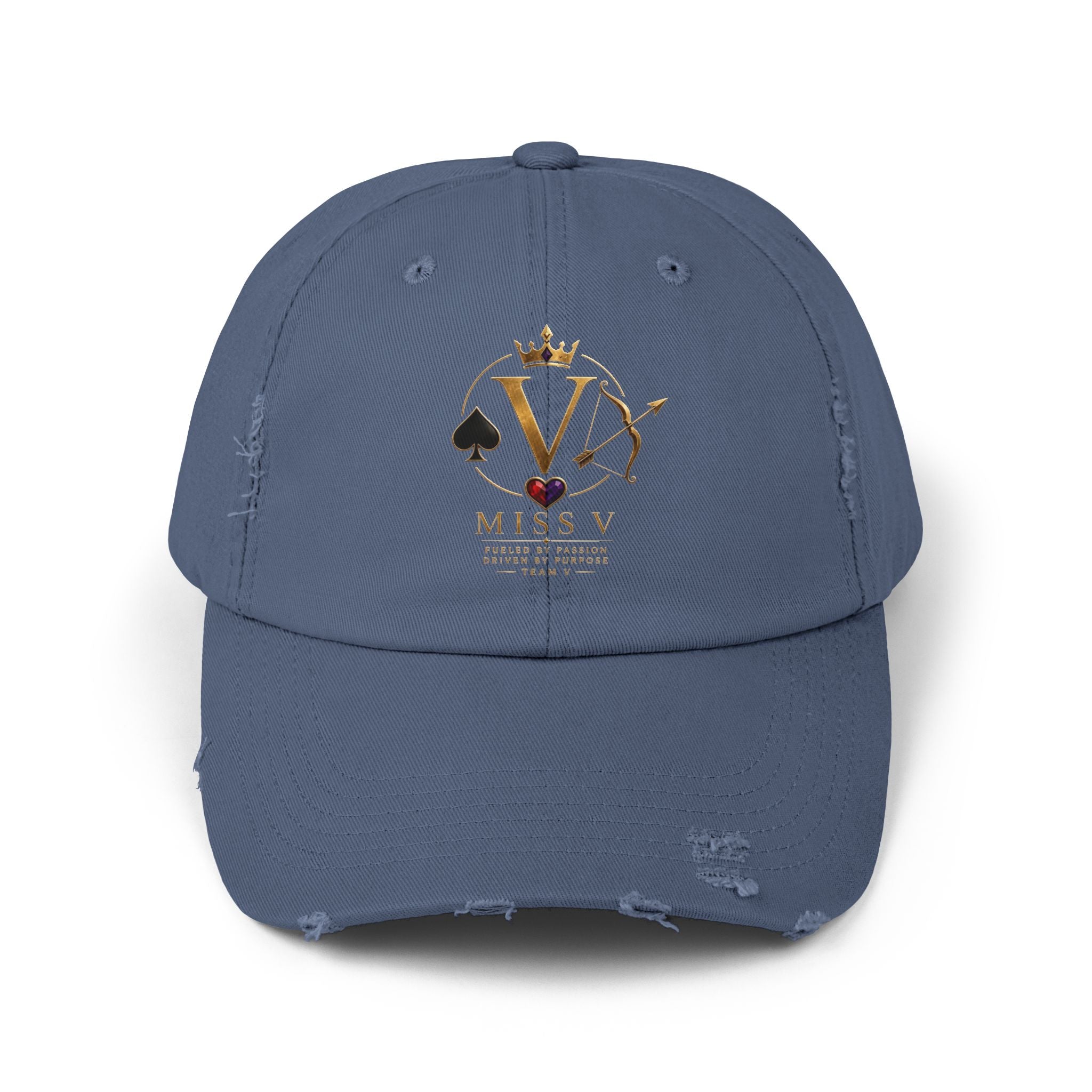Distressed Black Cap — Miss V Crown & Card Emblem