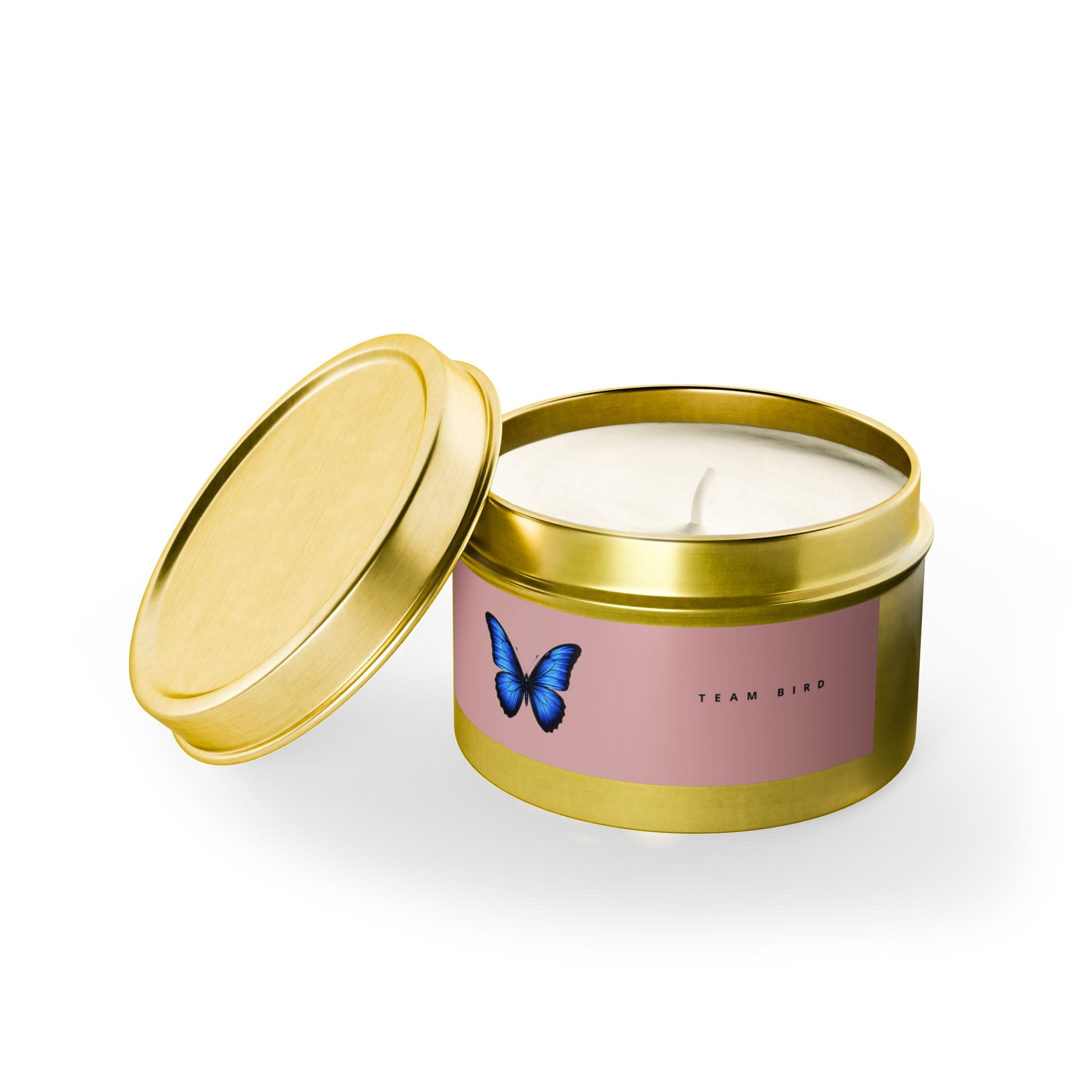 Butterfly Tin Candle — Floral & Vanilla Scented Travel Candle, 'Team Bird' Pink Label