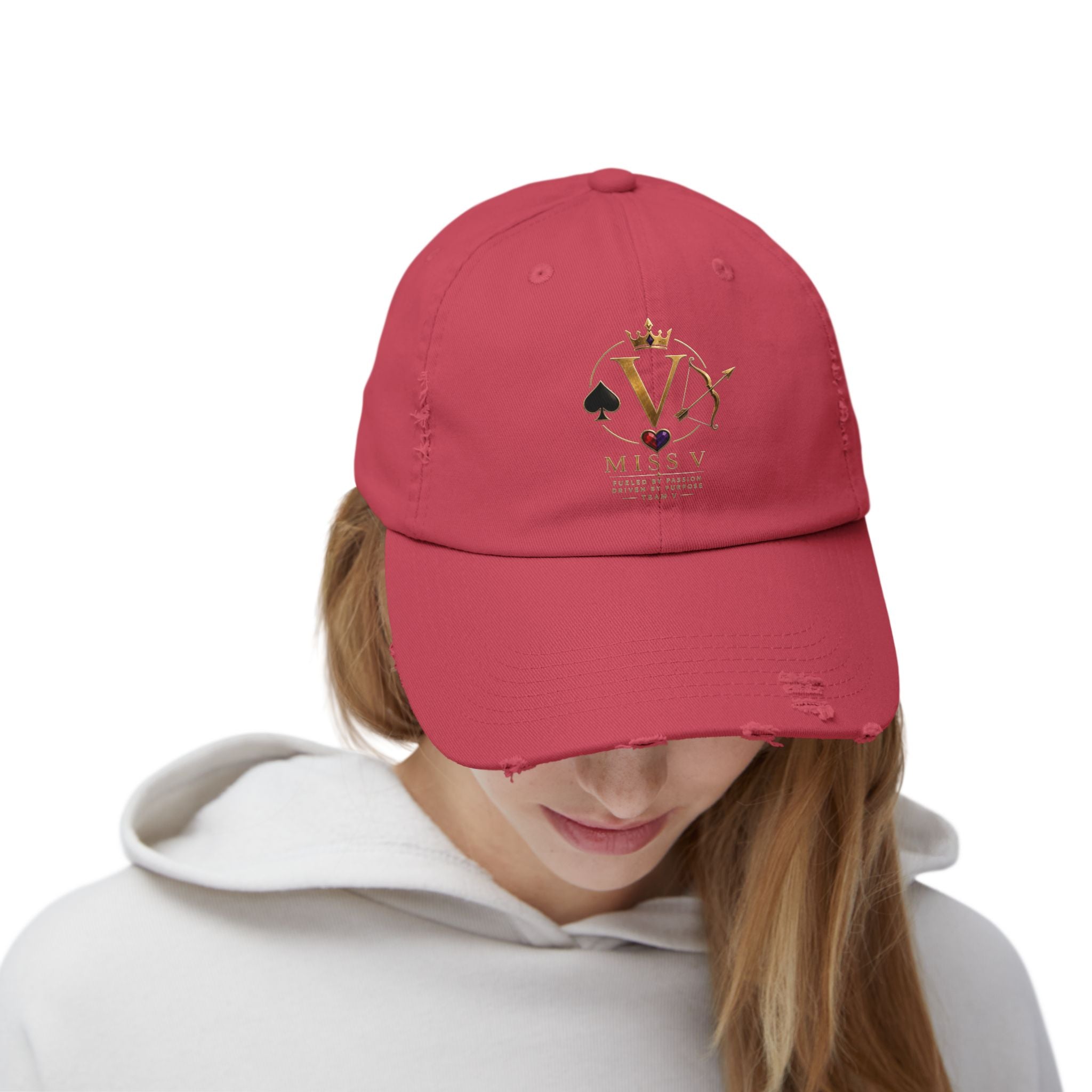 Distressed Black Cap — Miss V Crown & Card Emblem