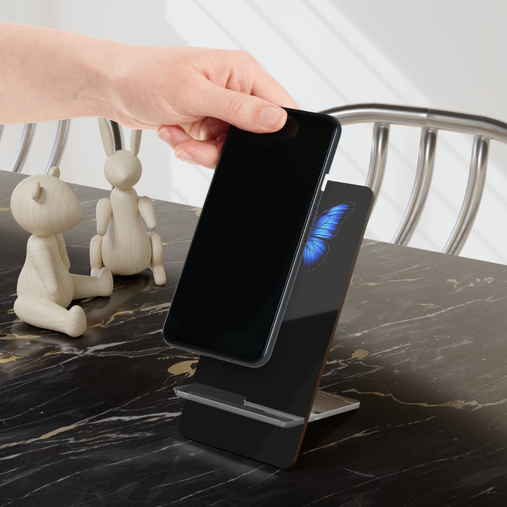 Acrylic Phone Stand with Blue Butterfly — Decorative Smartphone Display Holder
