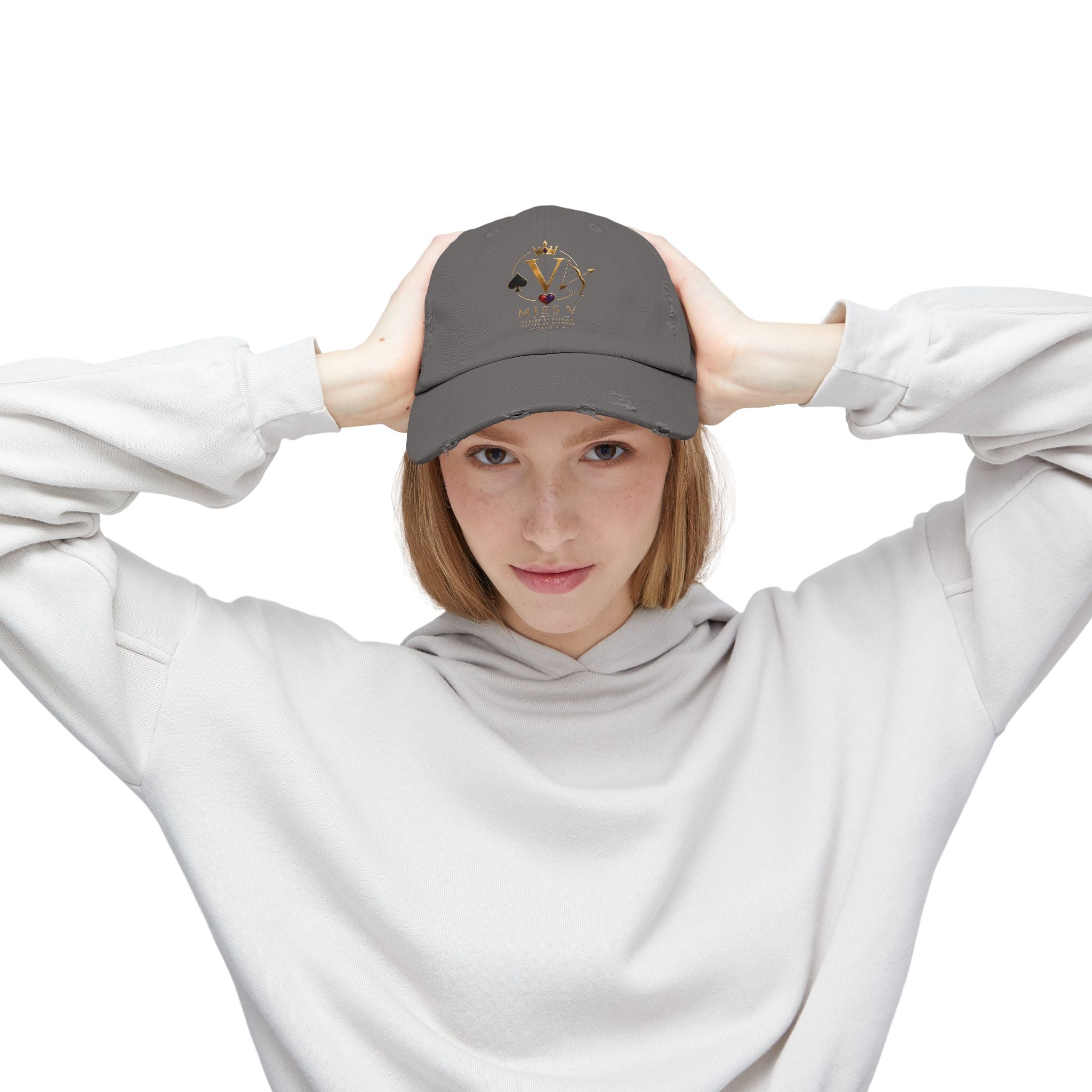 Distressed Black Cap — Miss V Crown & Card Emblem