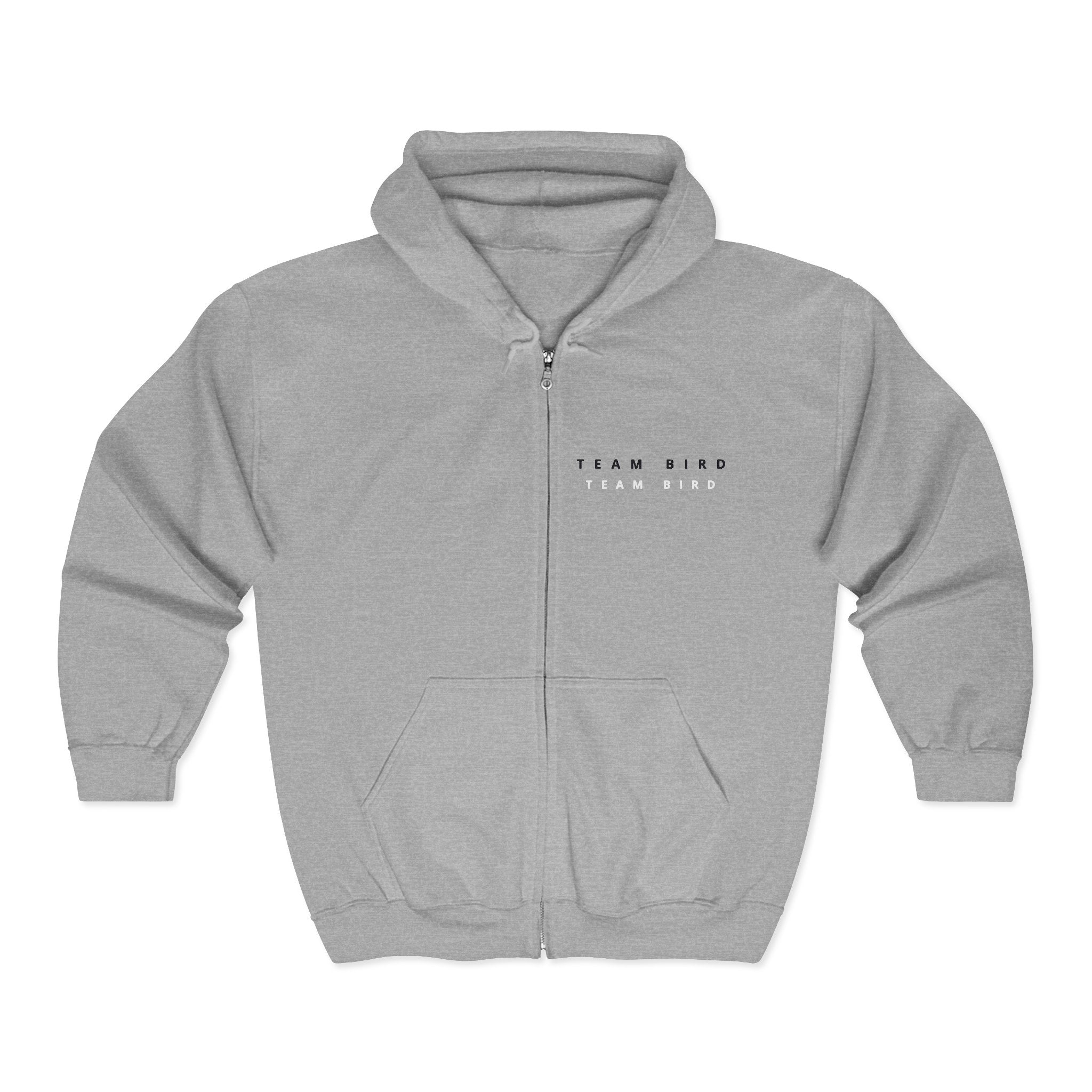 Blue Butterfly Zip Hoodie — "Team Bird" Minimal Front Logo, Vibrant Back Graphic