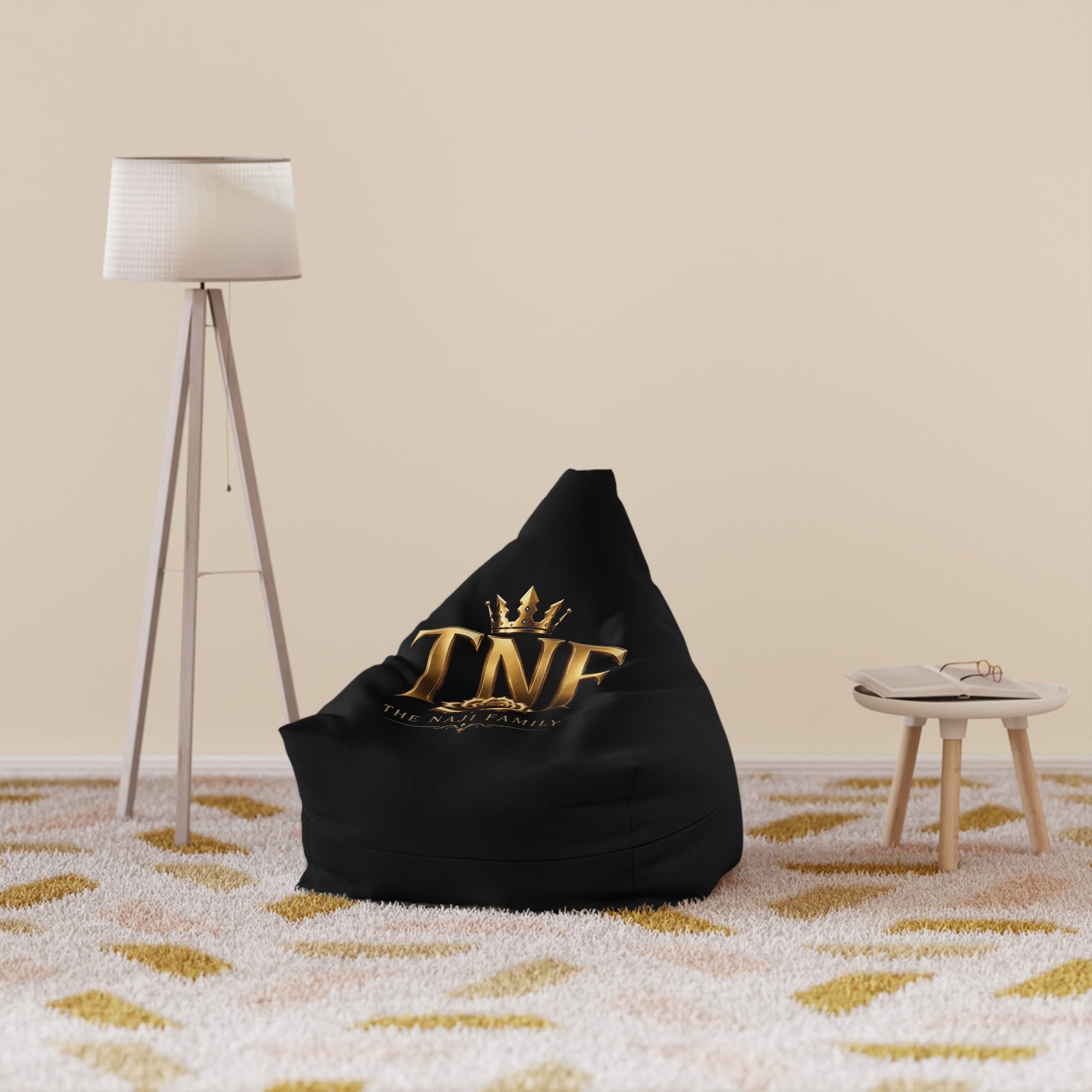 Bean Bag Cover — Black Luxury 'TNF' Gold Crown Accent