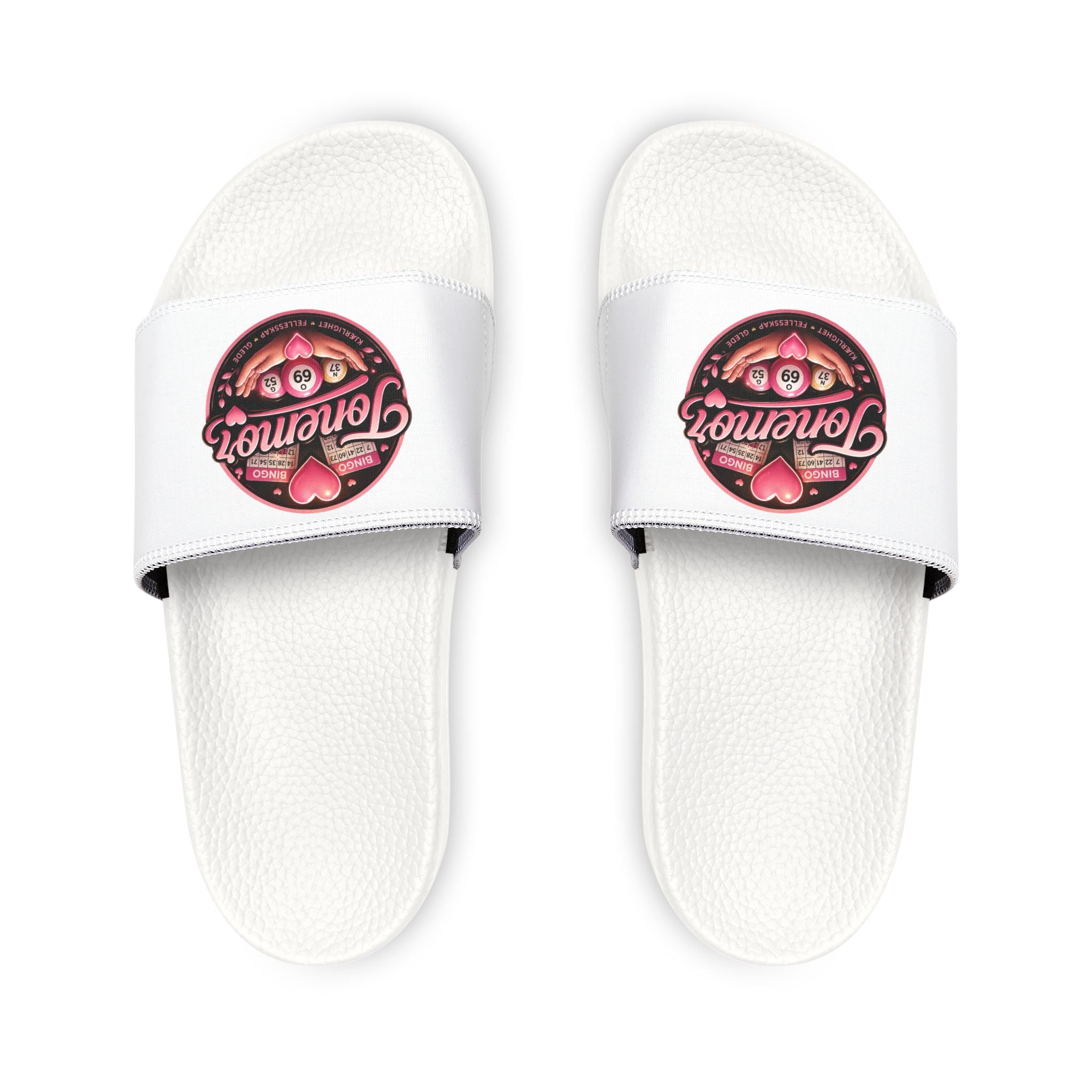 Slide Sandals — White Removable-Strap Slides with Pink 'Jammin' Heart' Logo