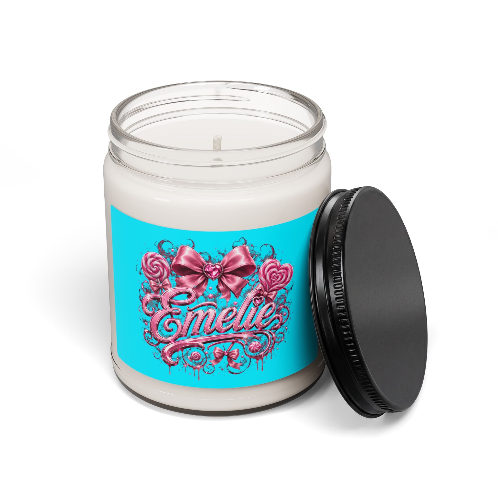 Personalized 9oz Soy Candle — "Emelie" Pink Bow & Candy Floral Design