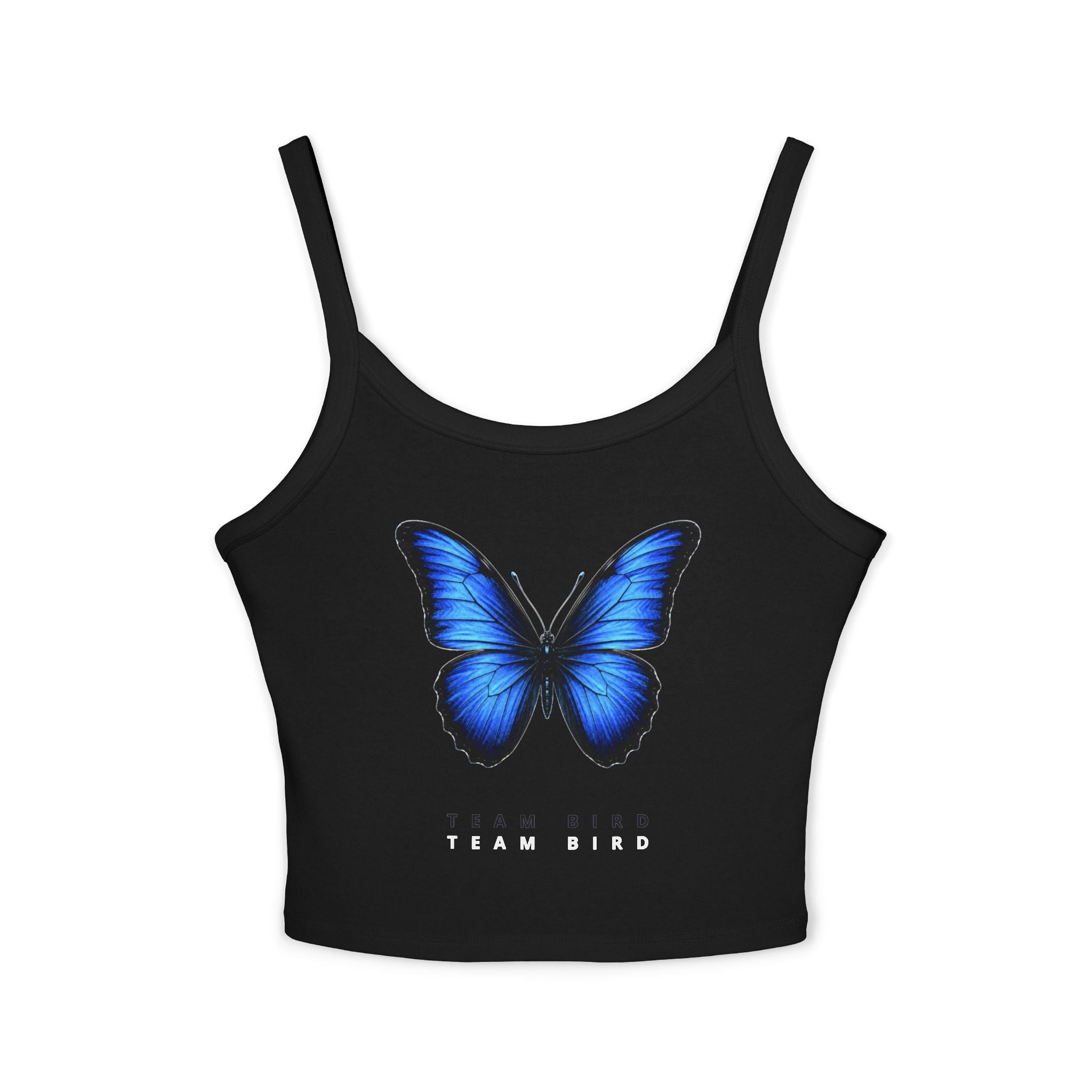 Blue Butterfly Crop Tank — "Team Bird" Women's Spaghetti Strap Top