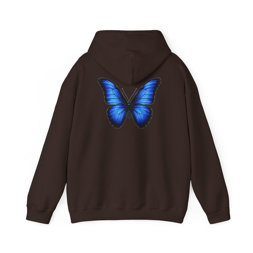 Butterfly Hoodie — "Team Bird" Blue Butterfly Graphic Hooded Sweatshirt