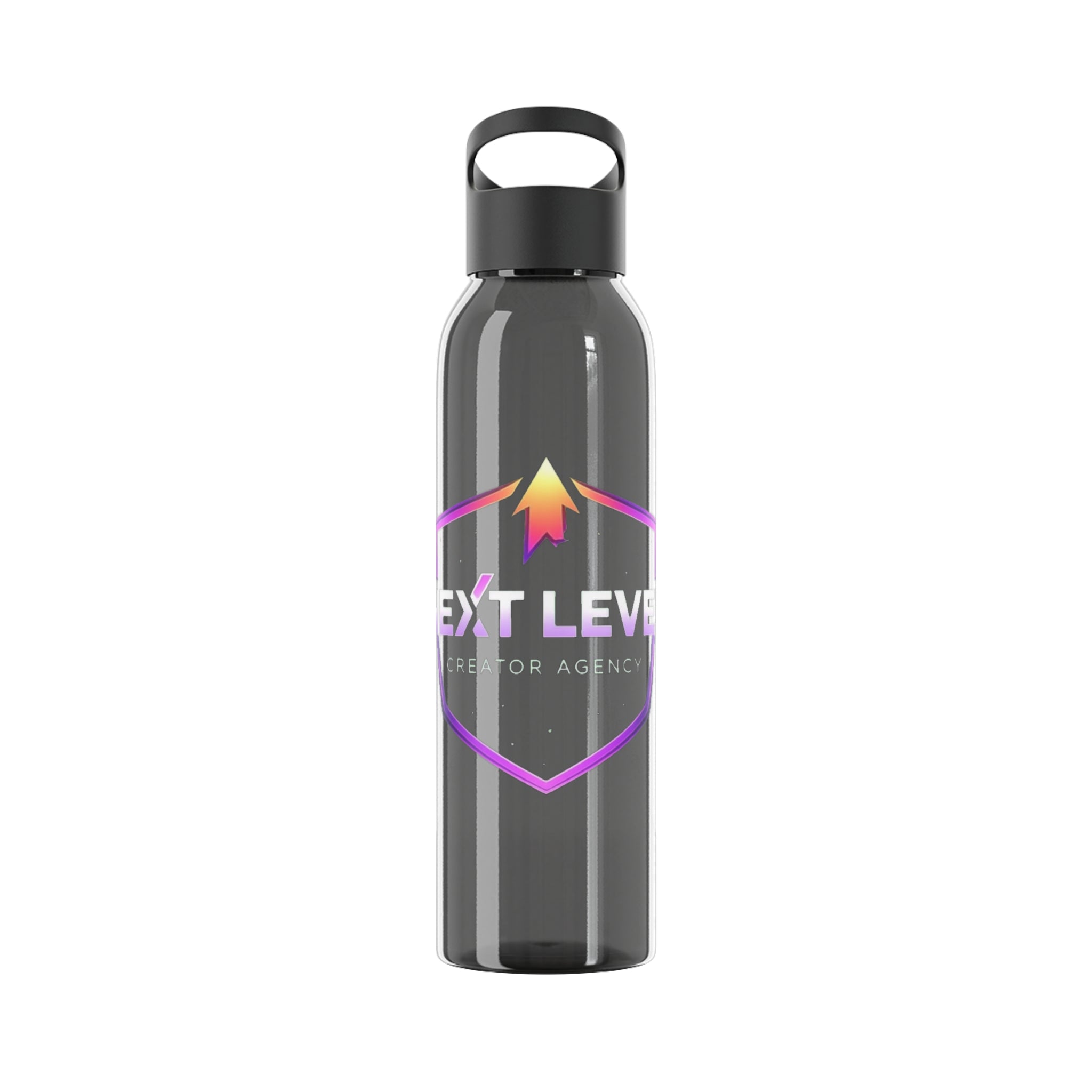 Sky Water Bottle — Clear Bottle with Gradient Arrow Logo (Next Level Creator Agency)