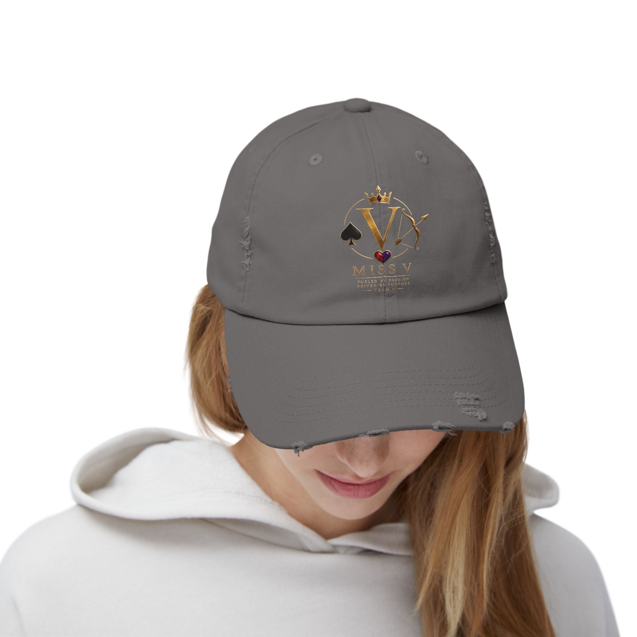 Distressed Black Cap — Miss V Crown & Card Emblem
