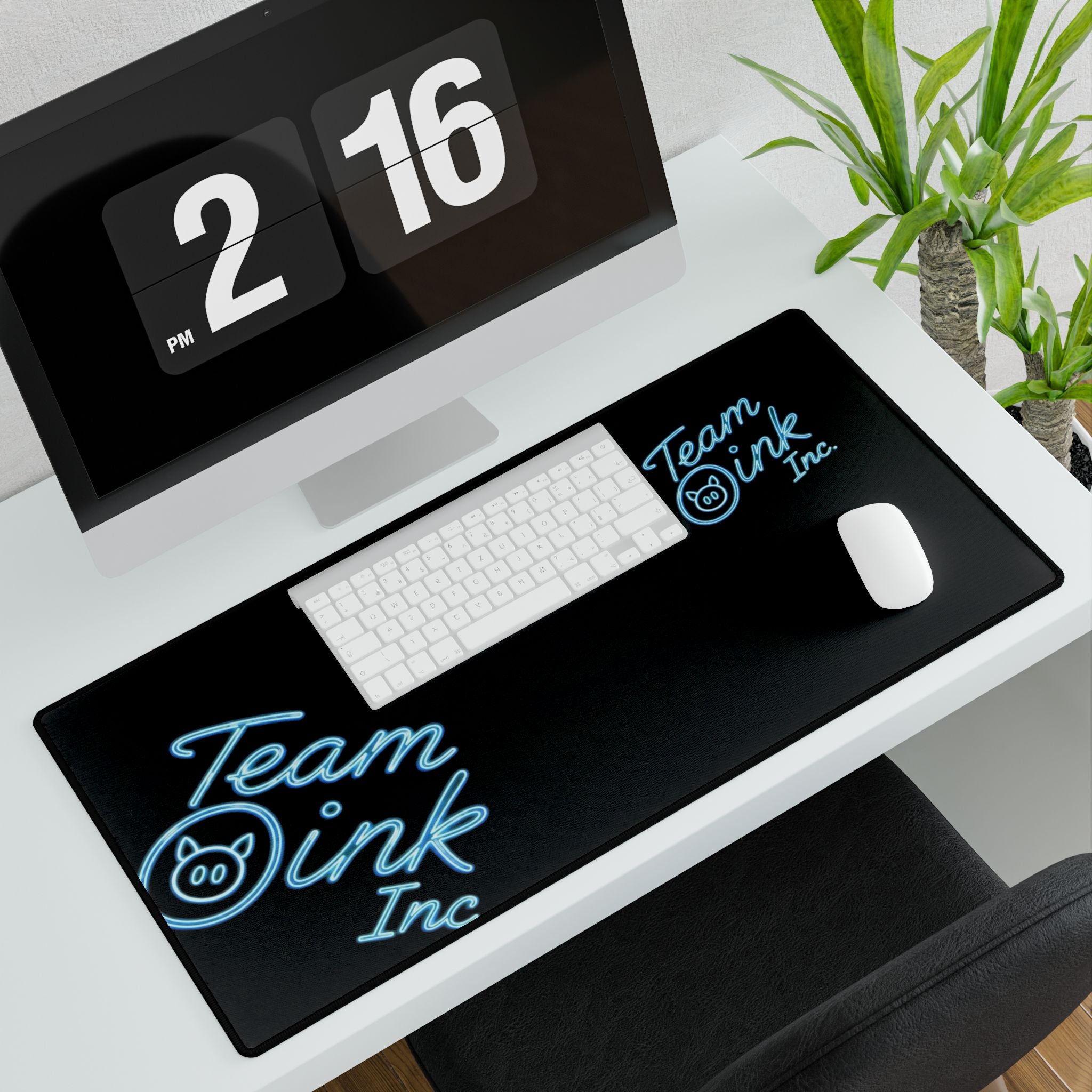 Team Oink Inc. Neon Logo Desk Mat — Large Gaming/Work Mousepad