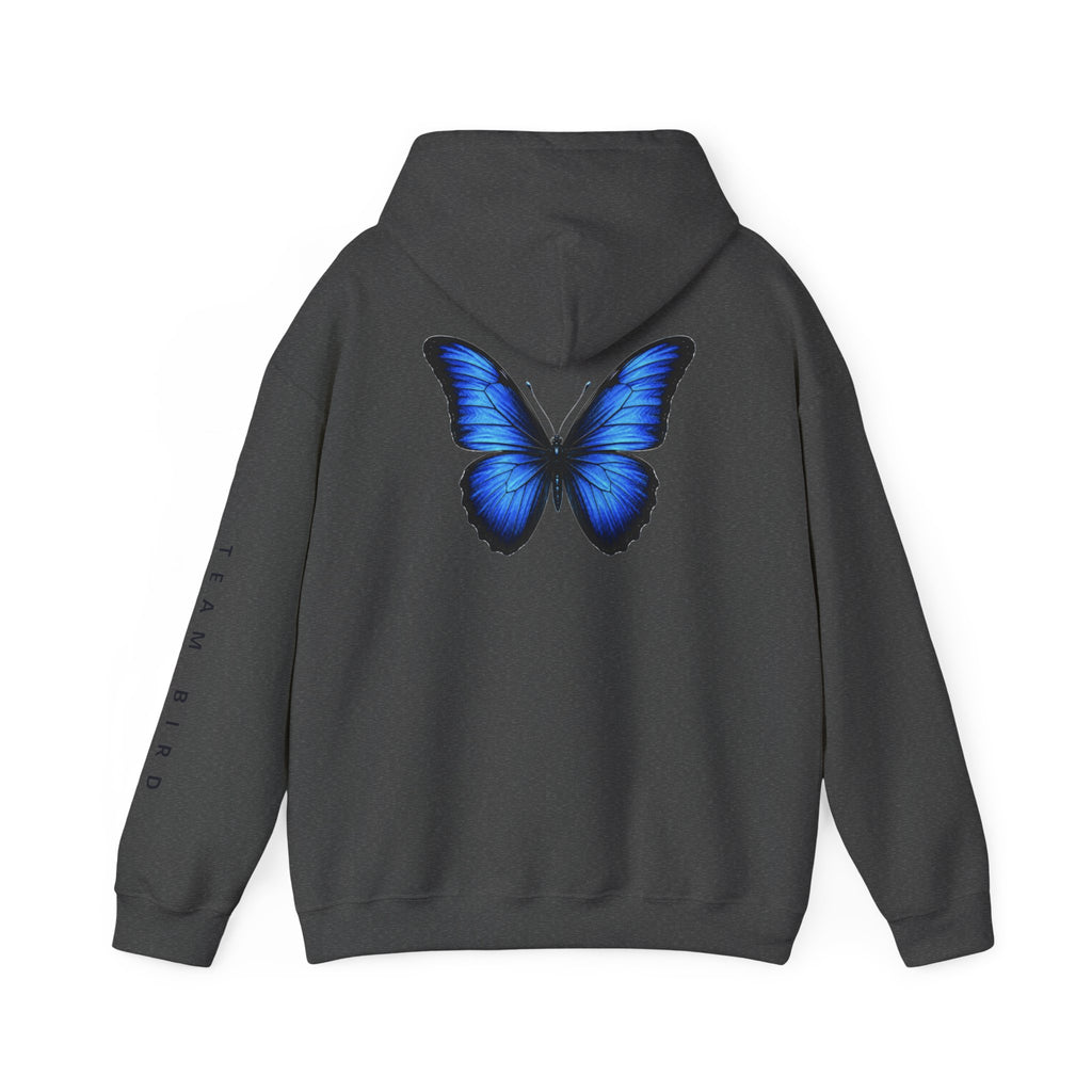 Butterfly Hoodie — "Team Bird" Blue Butterfly Graphic Hooded Sweatshirt