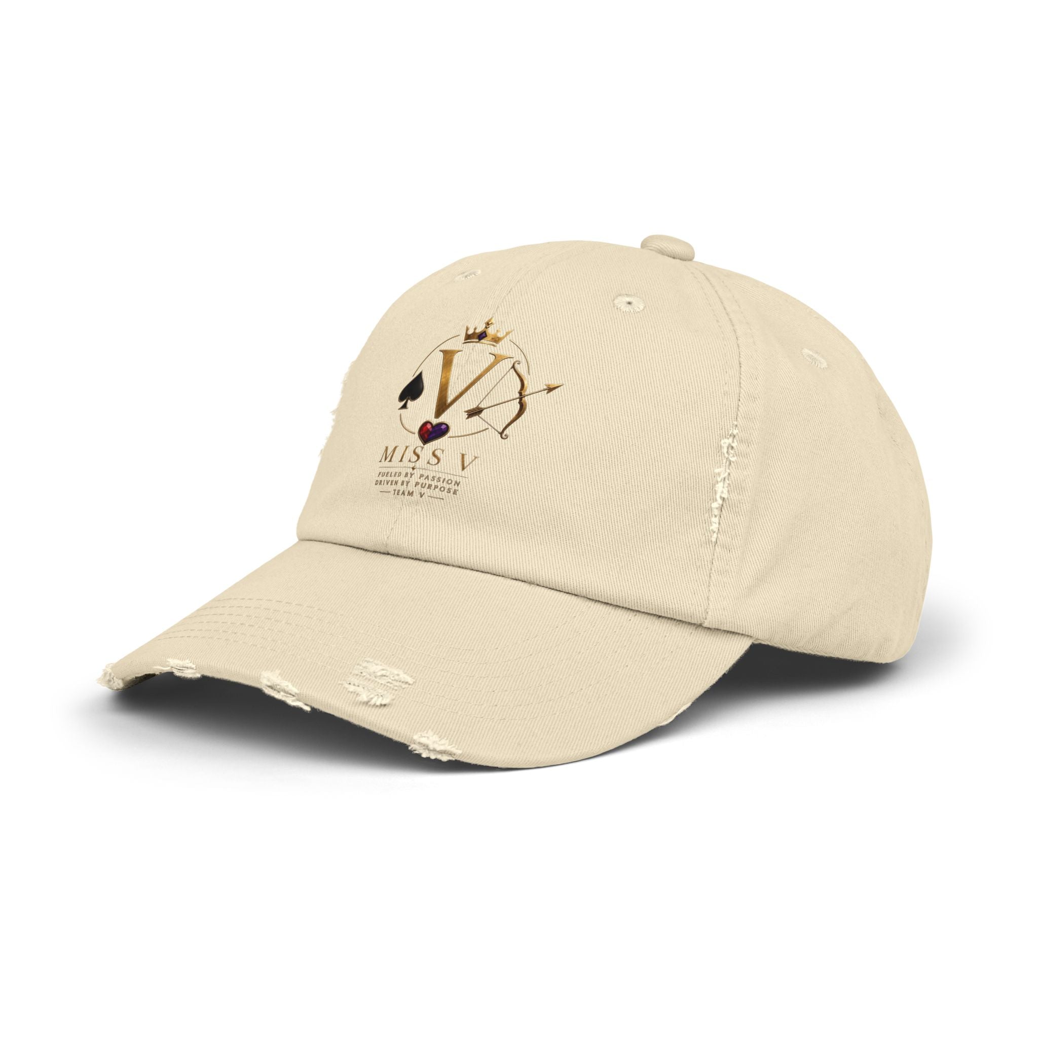 Distressed Black Cap — Miss V Crown & Card Emblem