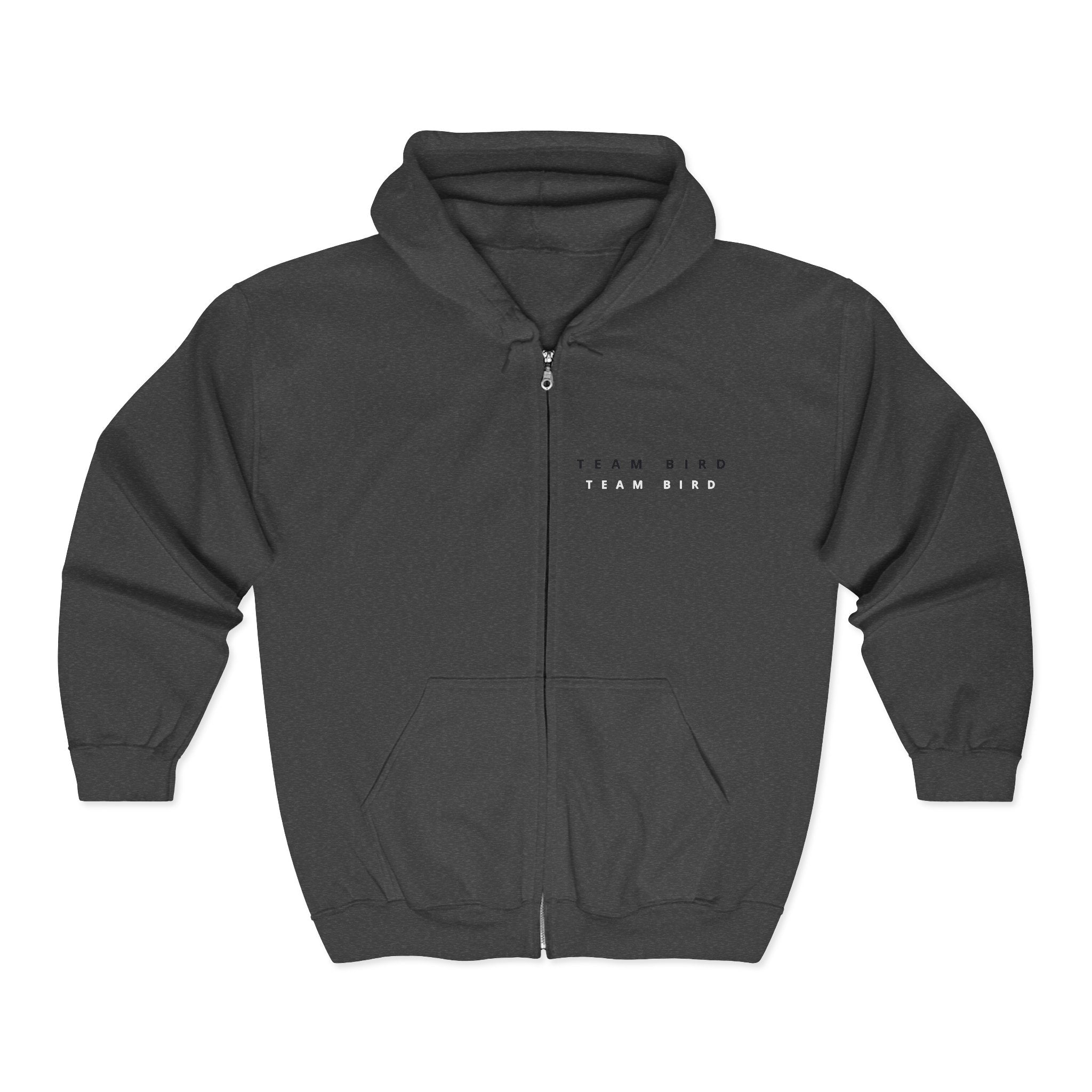 Blue Butterfly Zip Hoodie — "Team Bird" Minimal Front Logo, Vibrant Back Graphic