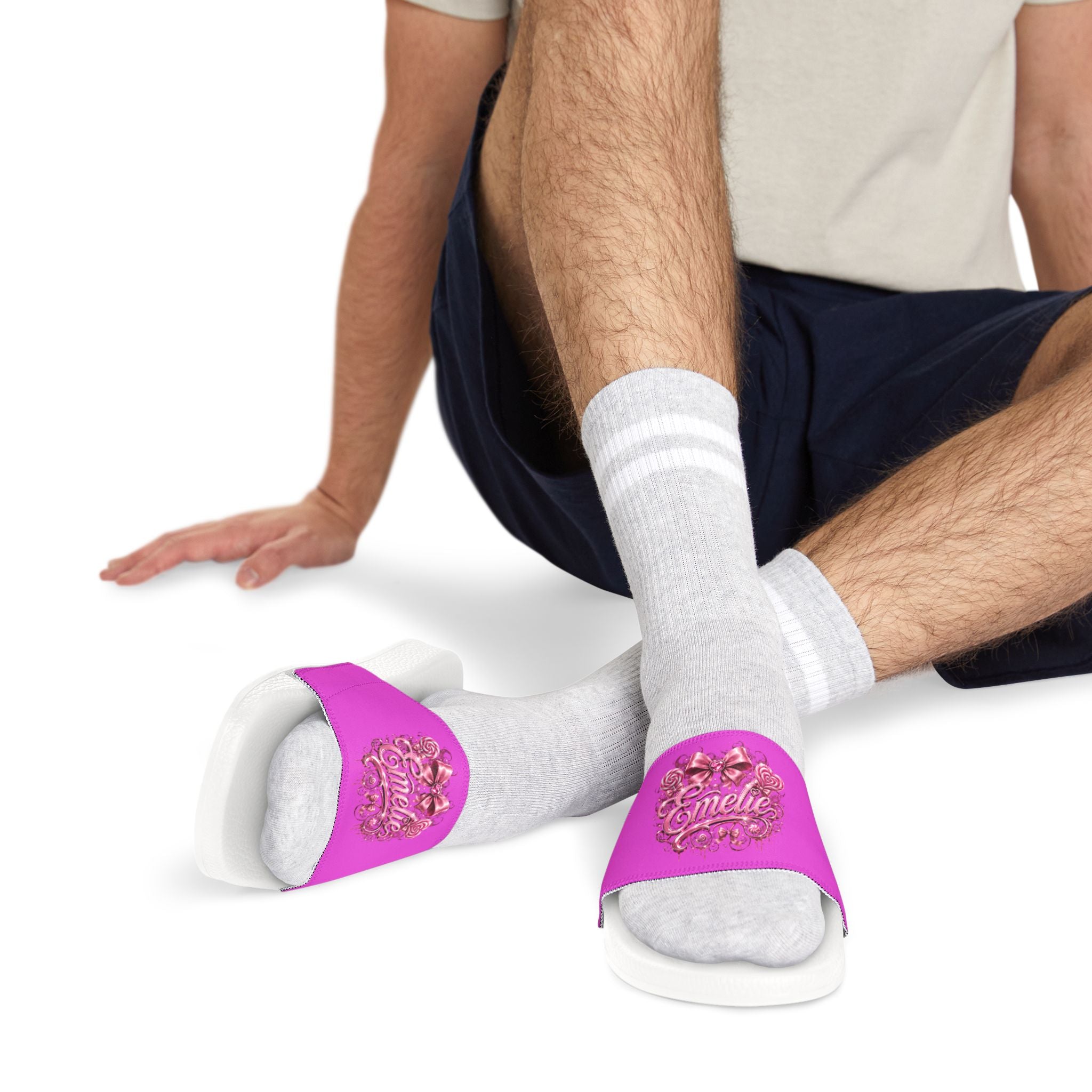 Men's Slide Sandals — Pink Floral 'Epic Mom' Embossed Strap