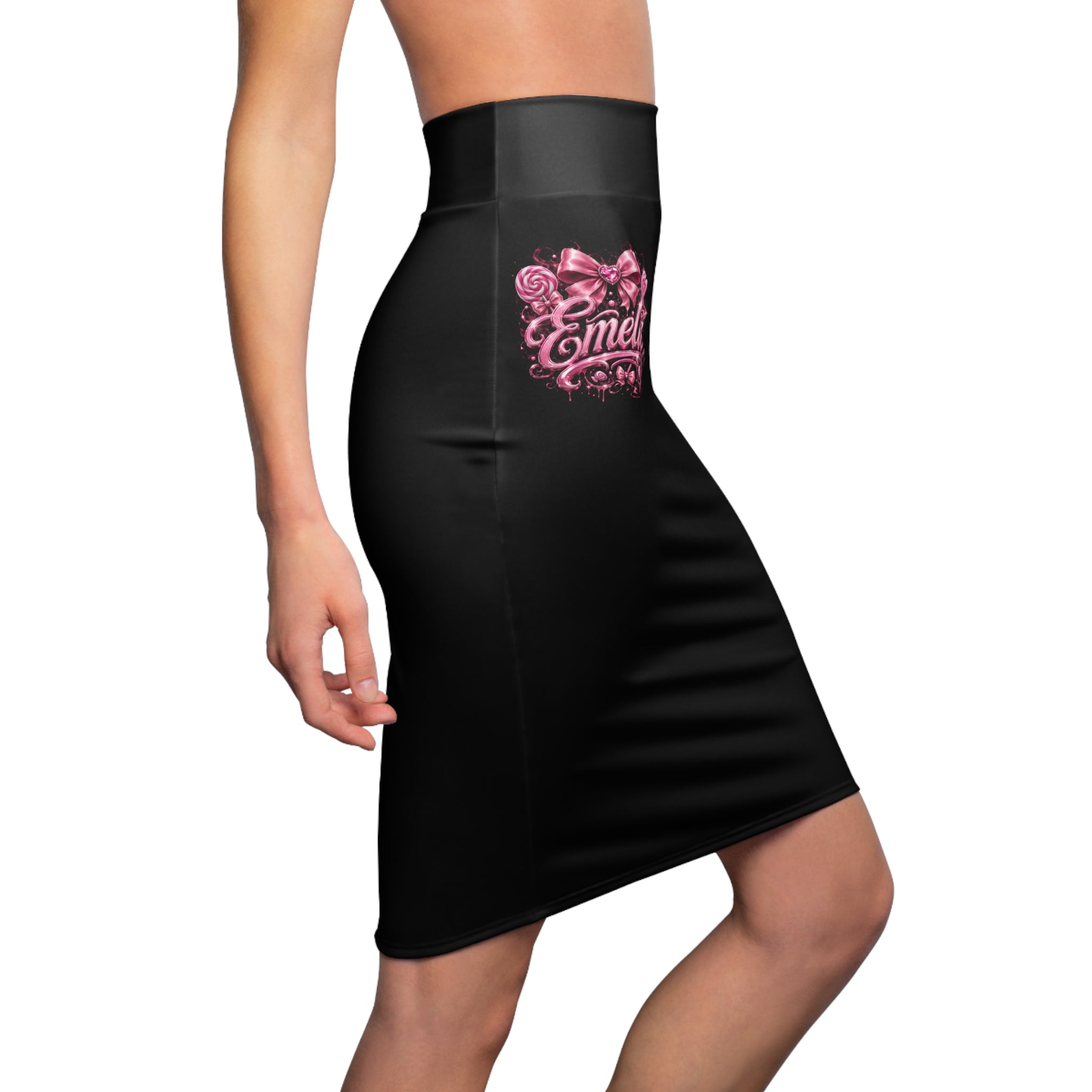 Black Pencil Skirt with Pink Floral 'Amelie' Embroidery – Women's Elegant Office Skirt