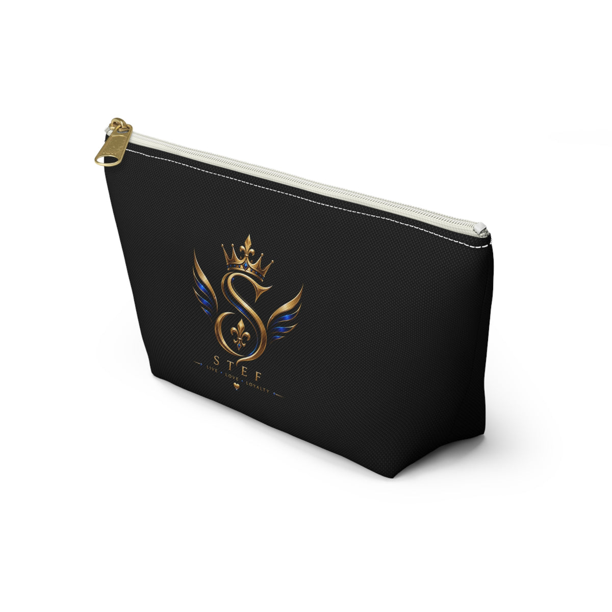 Royal S Emblem Accessory Pouch — Luxurious Black Makeup Bag with Gold Crown Logo