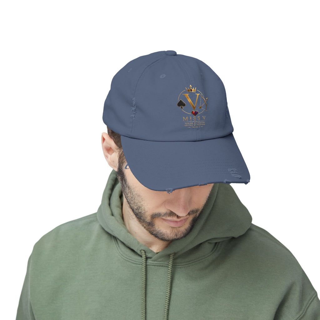 Distressed Black Cap — Miss V Crown & Card Emblem