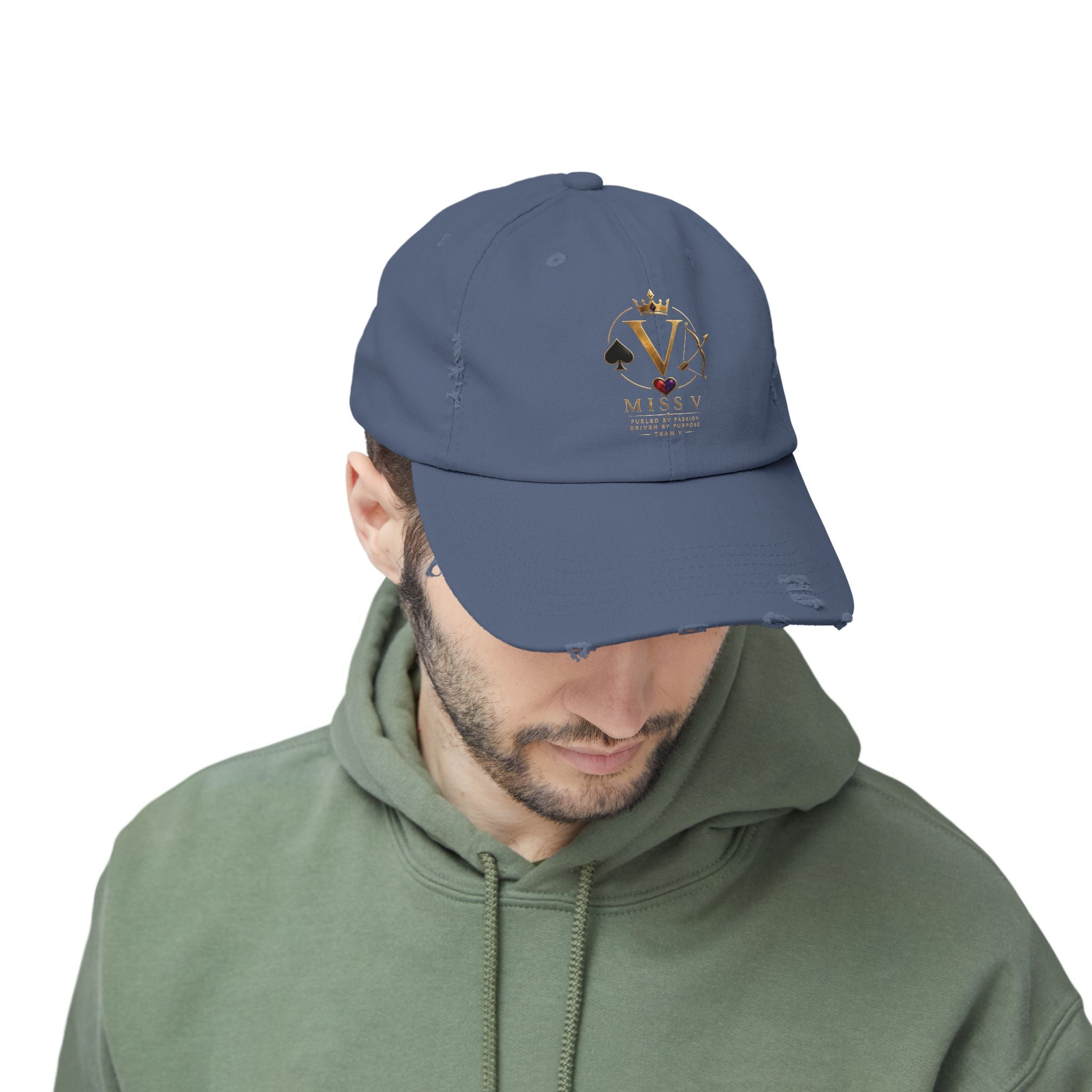 Distressed Black Cap — Miss V Crown & Card Emblem