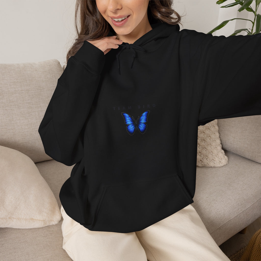 Butterfly Hoodie — "Team Bird" Blue Butterfly Graphic Hooded Sweatshirt