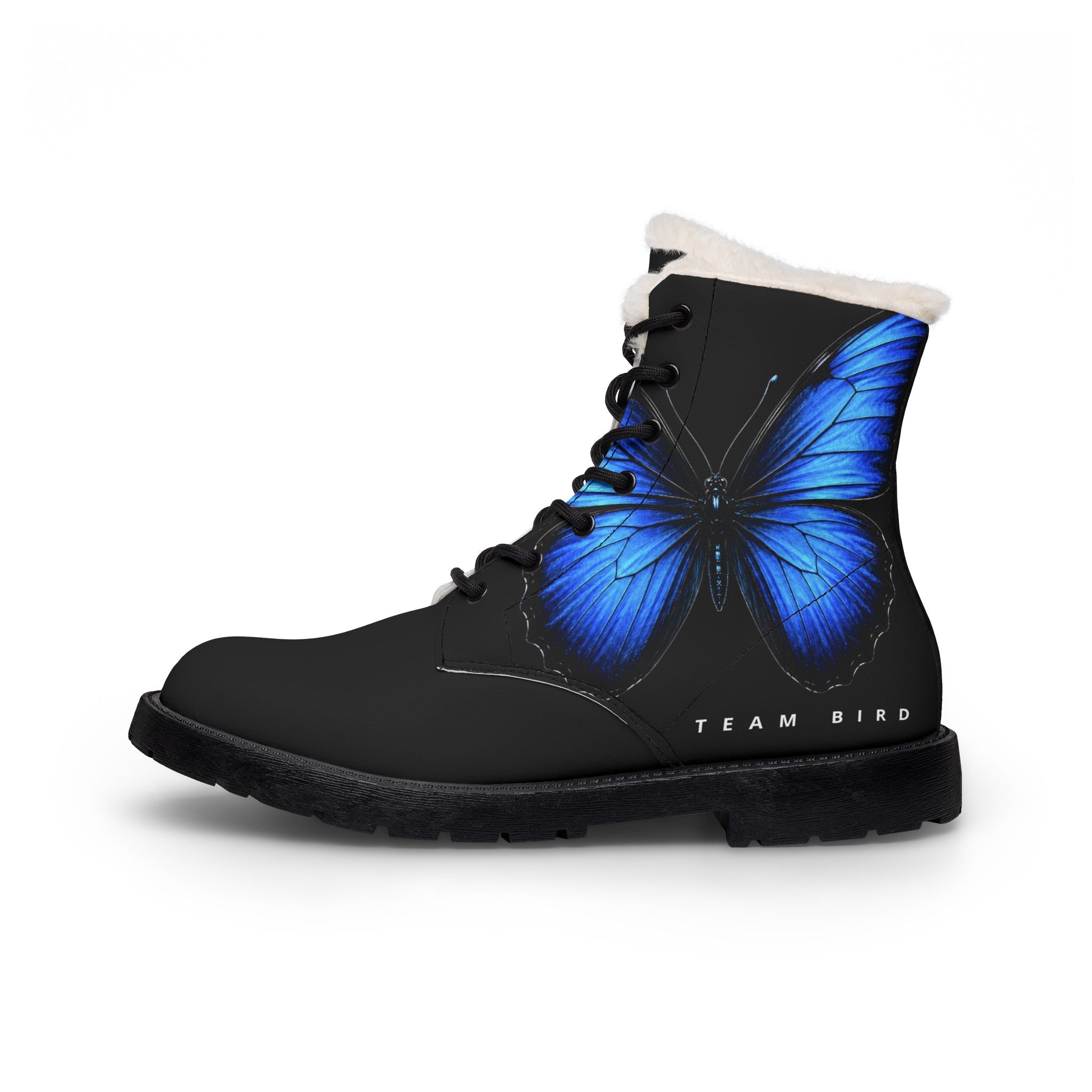 Women's Leather Fur-Lined Boots with Blue Butterfly Design