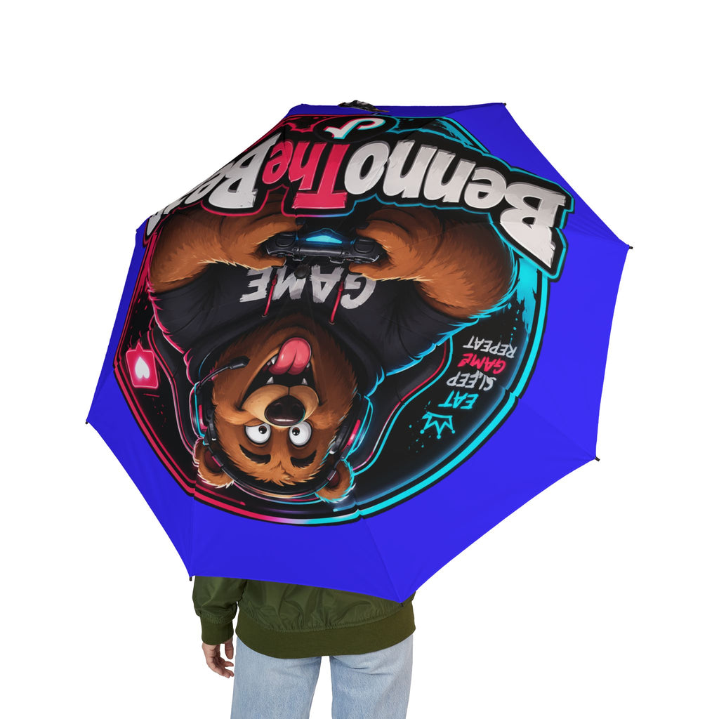 Foldable Umbrella - "Game the Bear" Cartoon Gamer Blue Travel Umbrella