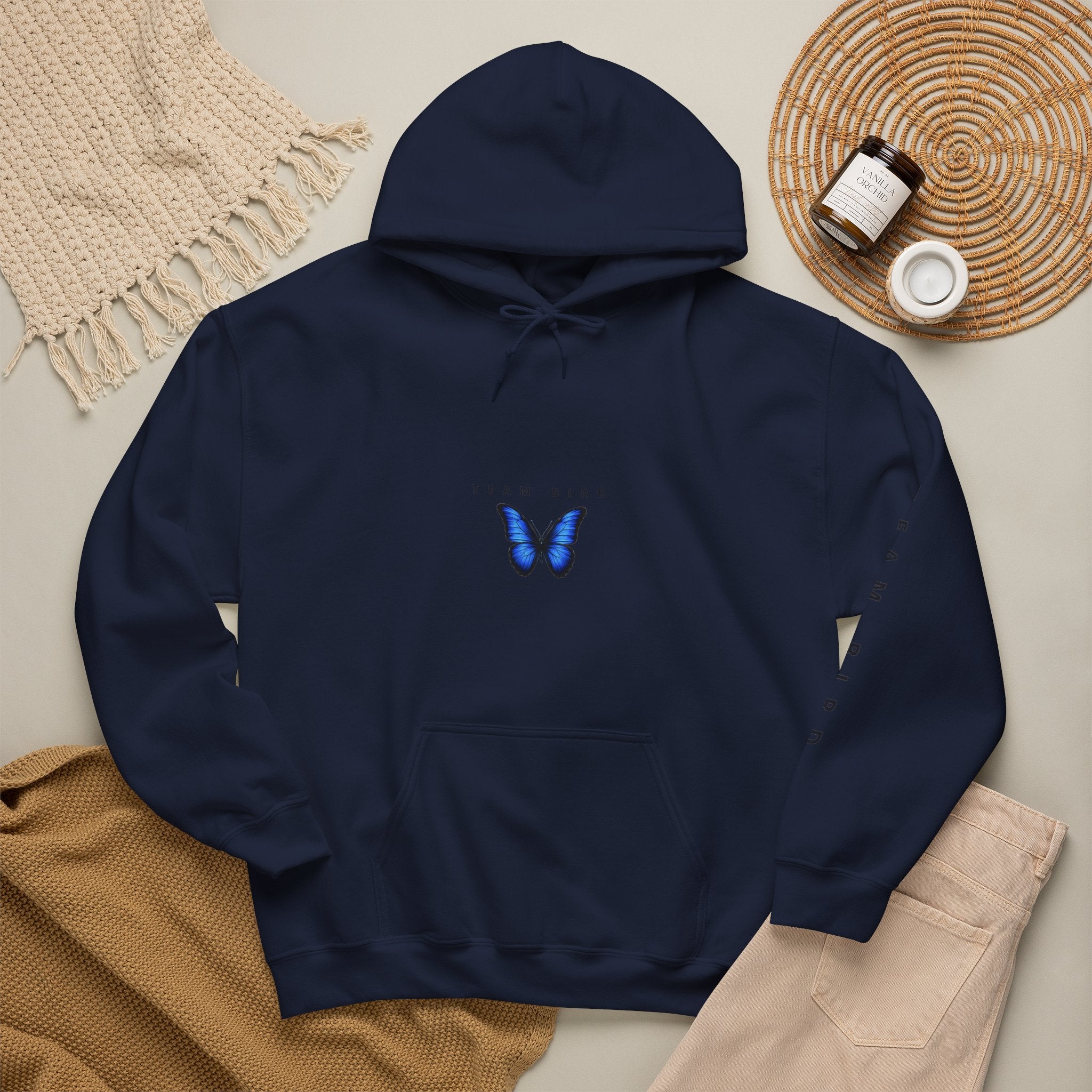 Butterfly Hoodie — "Team Bird" Blue Butterfly Graphic Hooded Sweatshirt