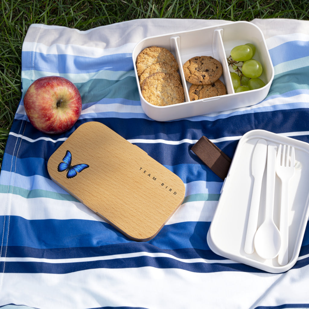Wood Grain Bento Lunch Box with Blue Butterfly Accent