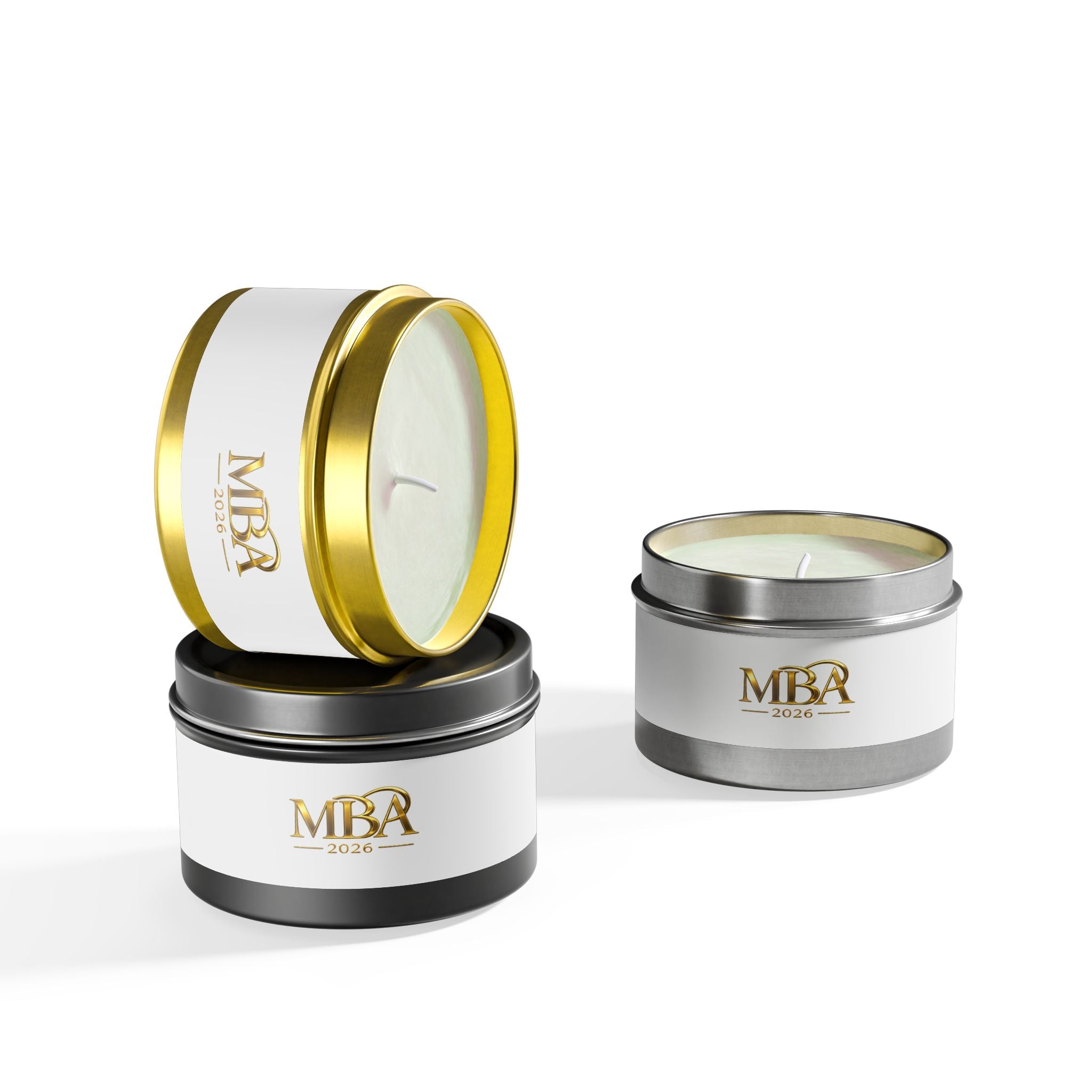 MBA 2026 Gold Logo Tin Candle — Luxury Scented Gift