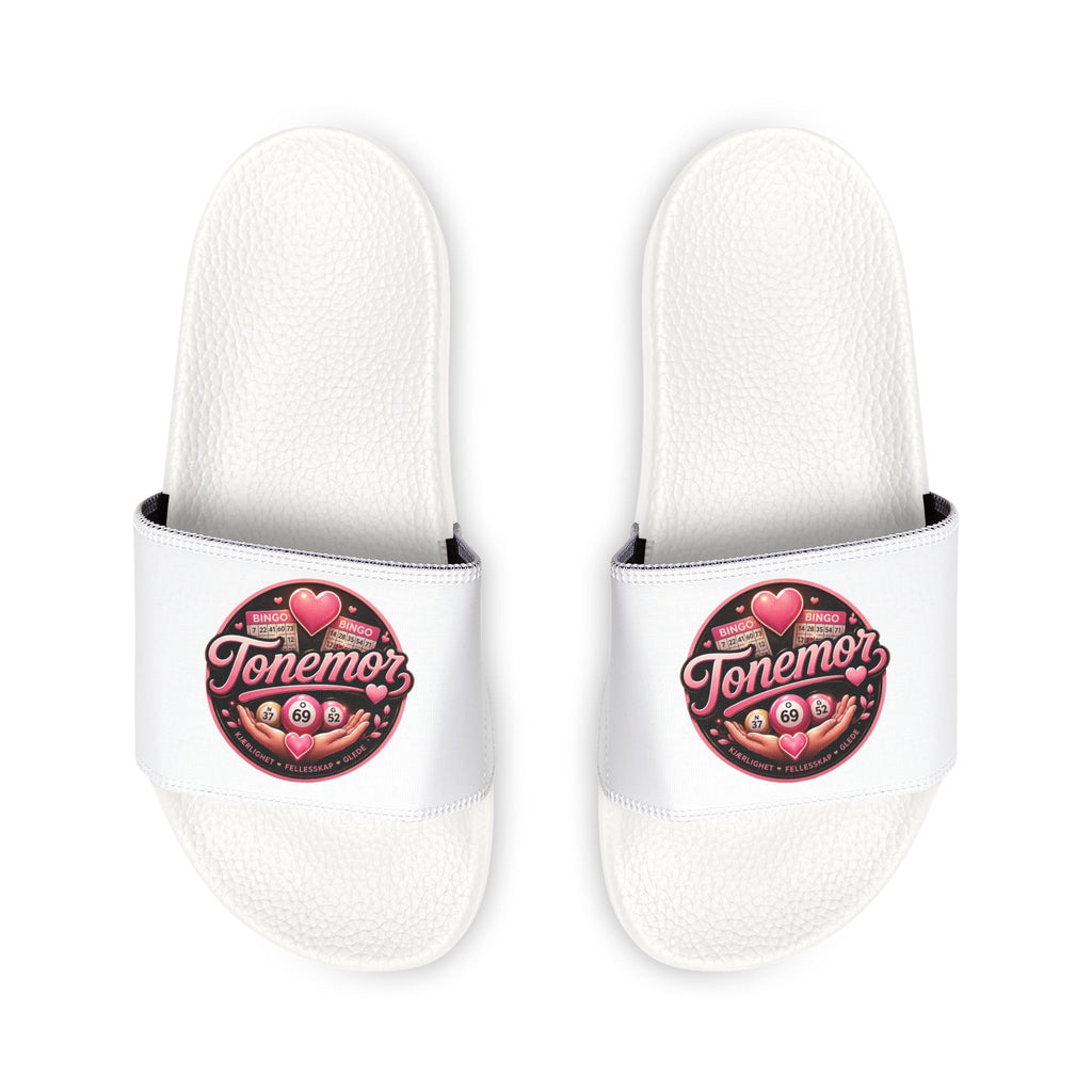 Slide Sandals — White Removable-Strap Slides with Pink 'Jammin' Heart' Logo