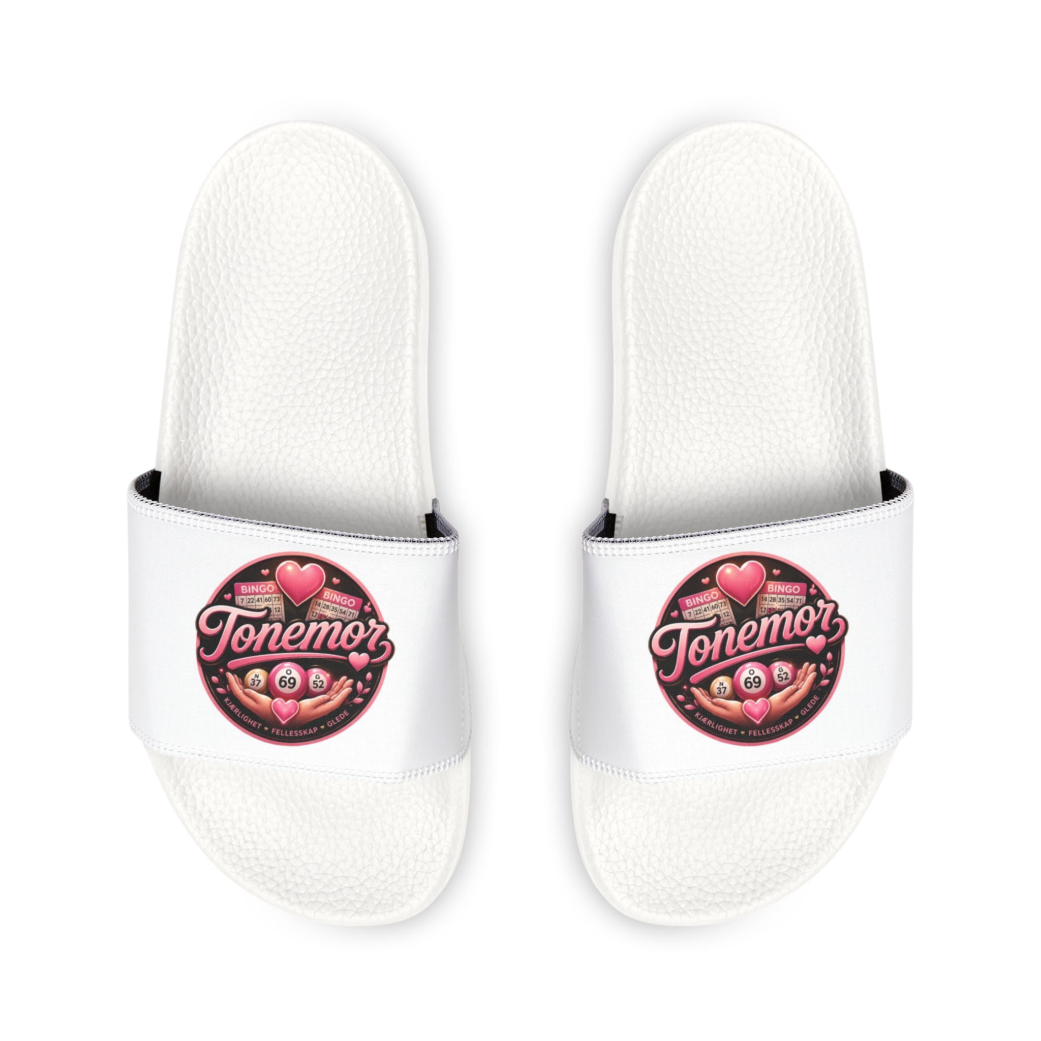Slide Sandals — White Removable-Strap Slides with Pink 'Jammin' Heart' Logo