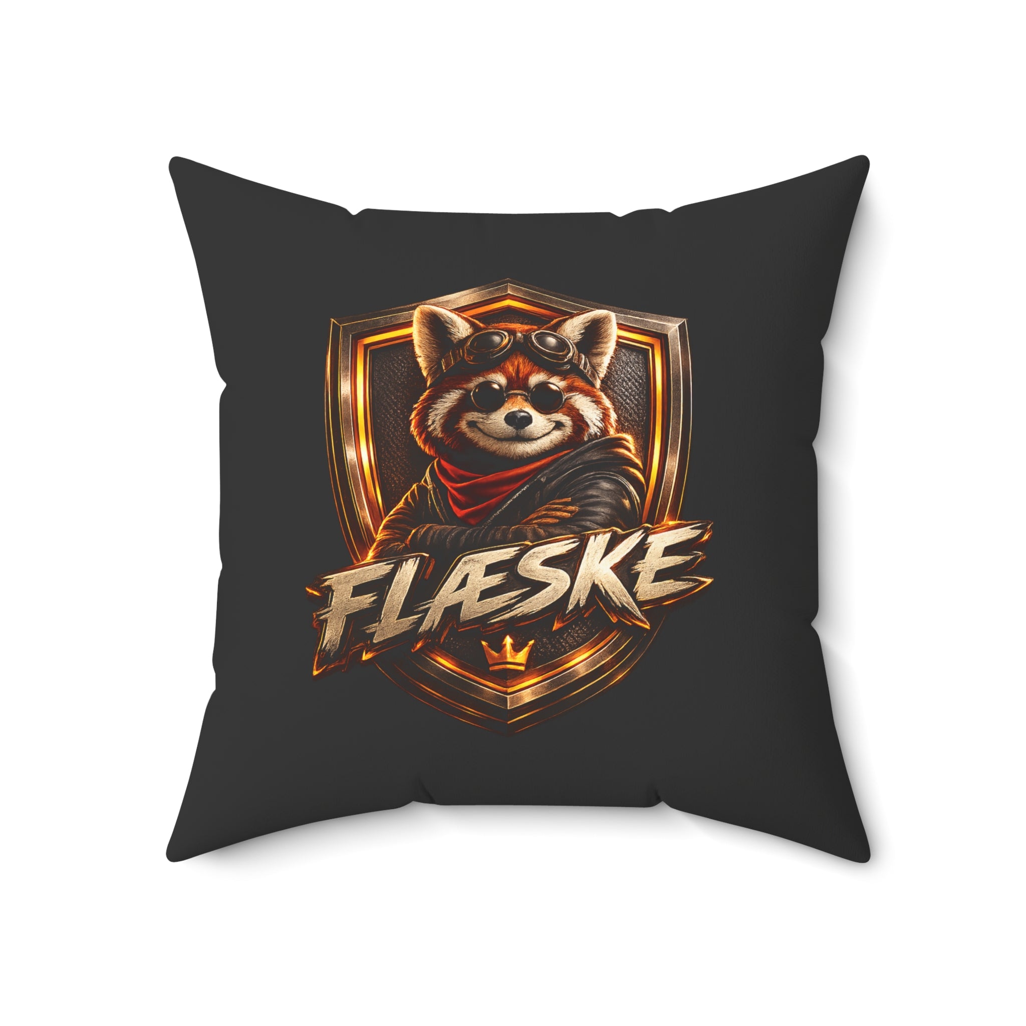 Red Panda Crest Throw Pillow — 'FLÆSKE' Gaming Emblem Accent Pillow